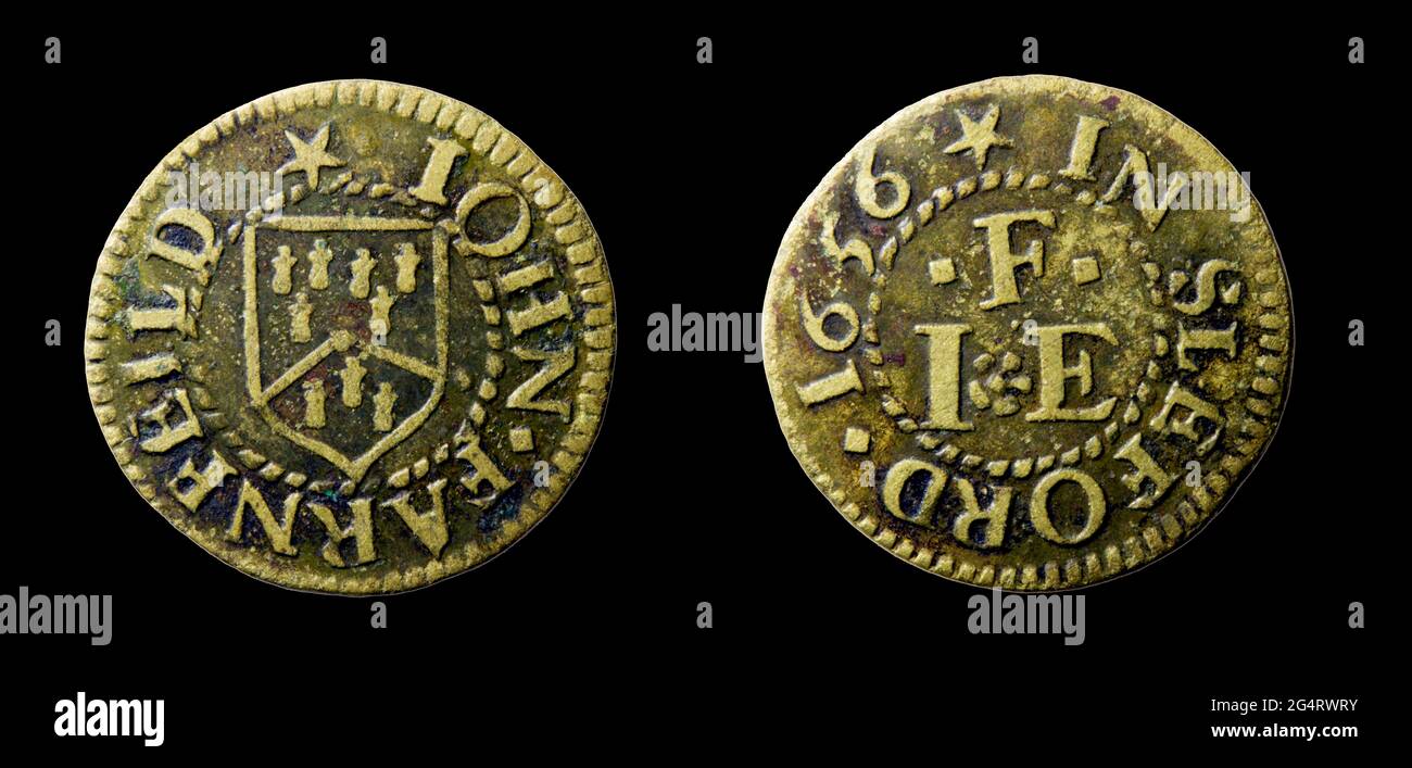 17th Century Lincolnshire Trader's Tokens. John Farnfield. Sleaford. Farthing Stock Photo