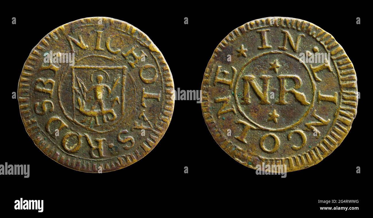 17th Century Lincolnshire Trader's Tokens. Nicholas Rodsby. Lincoln. Farthing Stock Photo