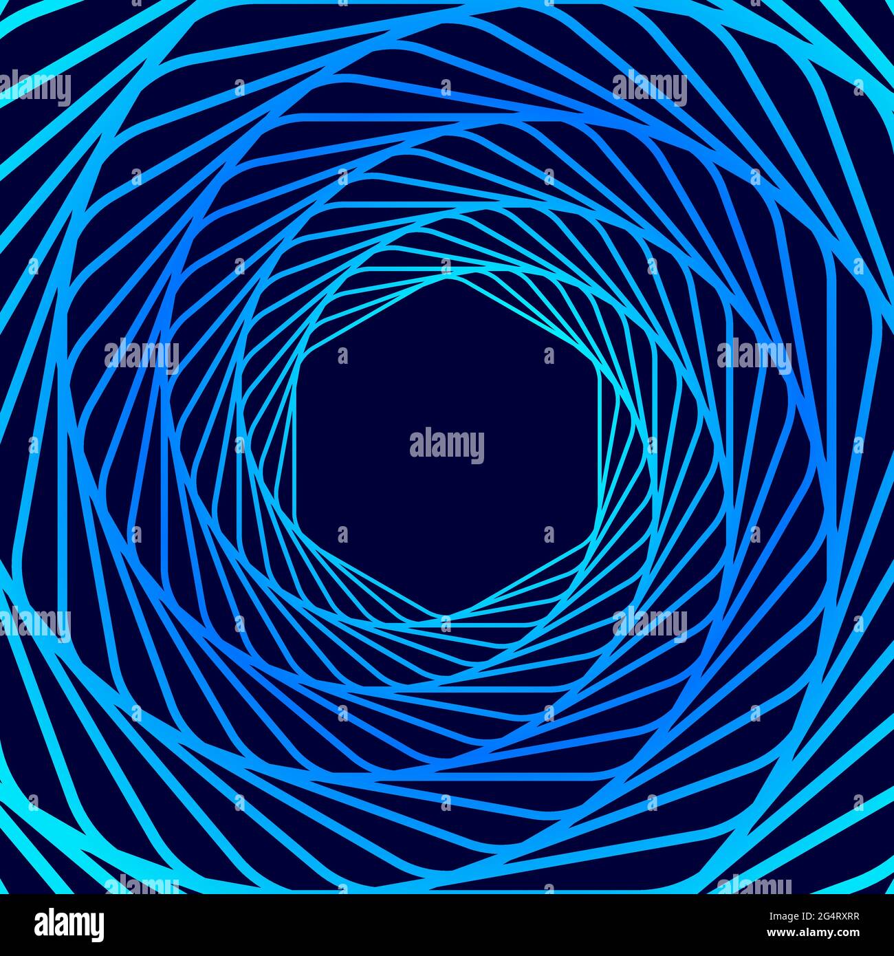 Twisted colored spiral. Wireframe hexagon shape. Vector technology tunnel. Stock Vector