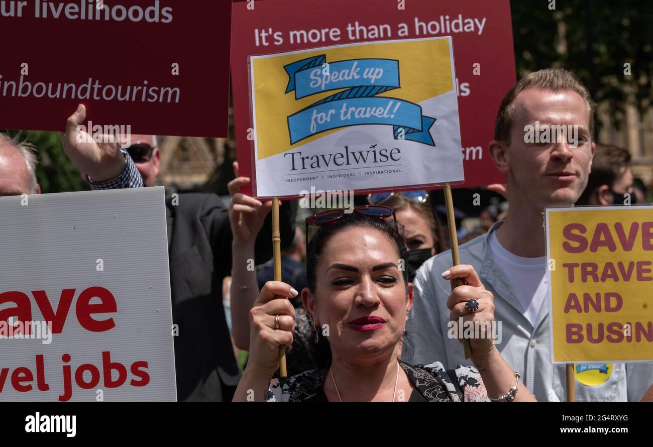 London, UK. 23rd June, 2021. Members of the travel industry protest outside the Houses of Parliament against UK travel restrictions Credit: Ian Davidson/Alamy Live News Stock Photo