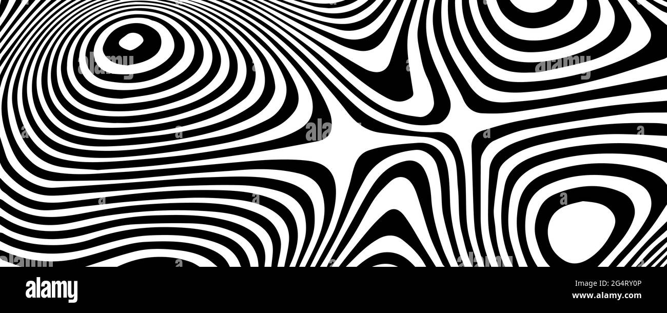 Vector optical illusion with black and white lines. Abstract curve background. Stock Vector