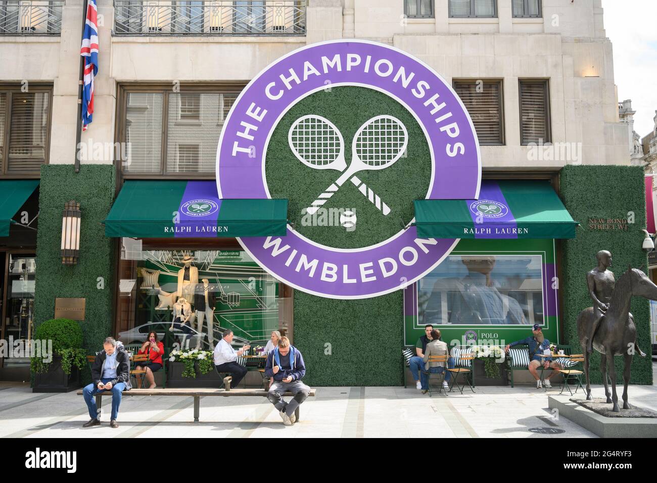 New Bond Street, London, UK. 23 June 2021. The 2021 Wimbledon Championships  are heavily promoted at Ralph Lauren store in central London's fashionable New  Bond Street. The grand slam championships are due