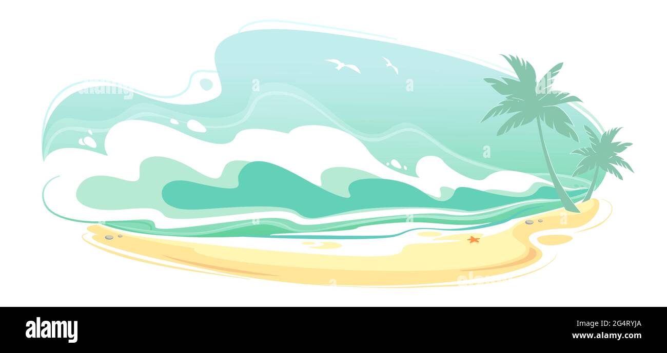 Sea Beach Landscape, Seascape Summer Banner. Seacoast with water Waves Panorama, Surf Ocean holiday backdrop. Abstract liquid frame form isolated on Stock Vector