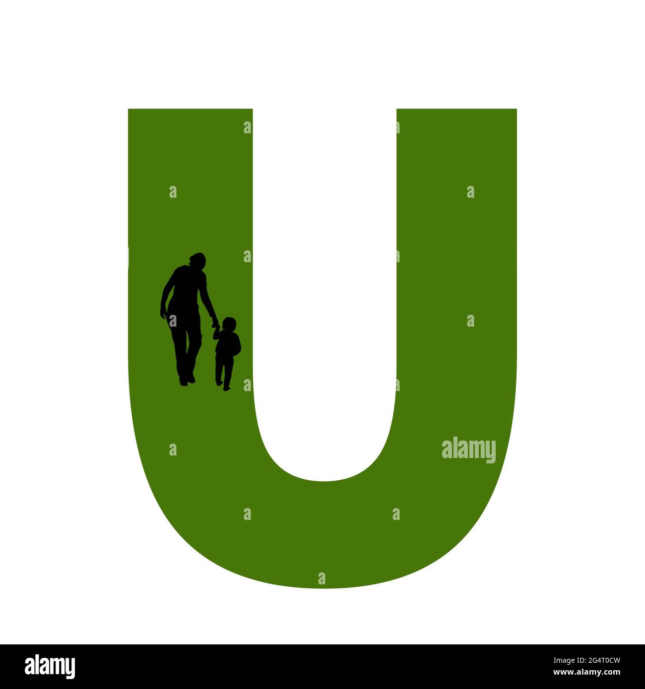 letter U of the alphabet made with silhouette of a mother and child walking, in green and black Stock Photo