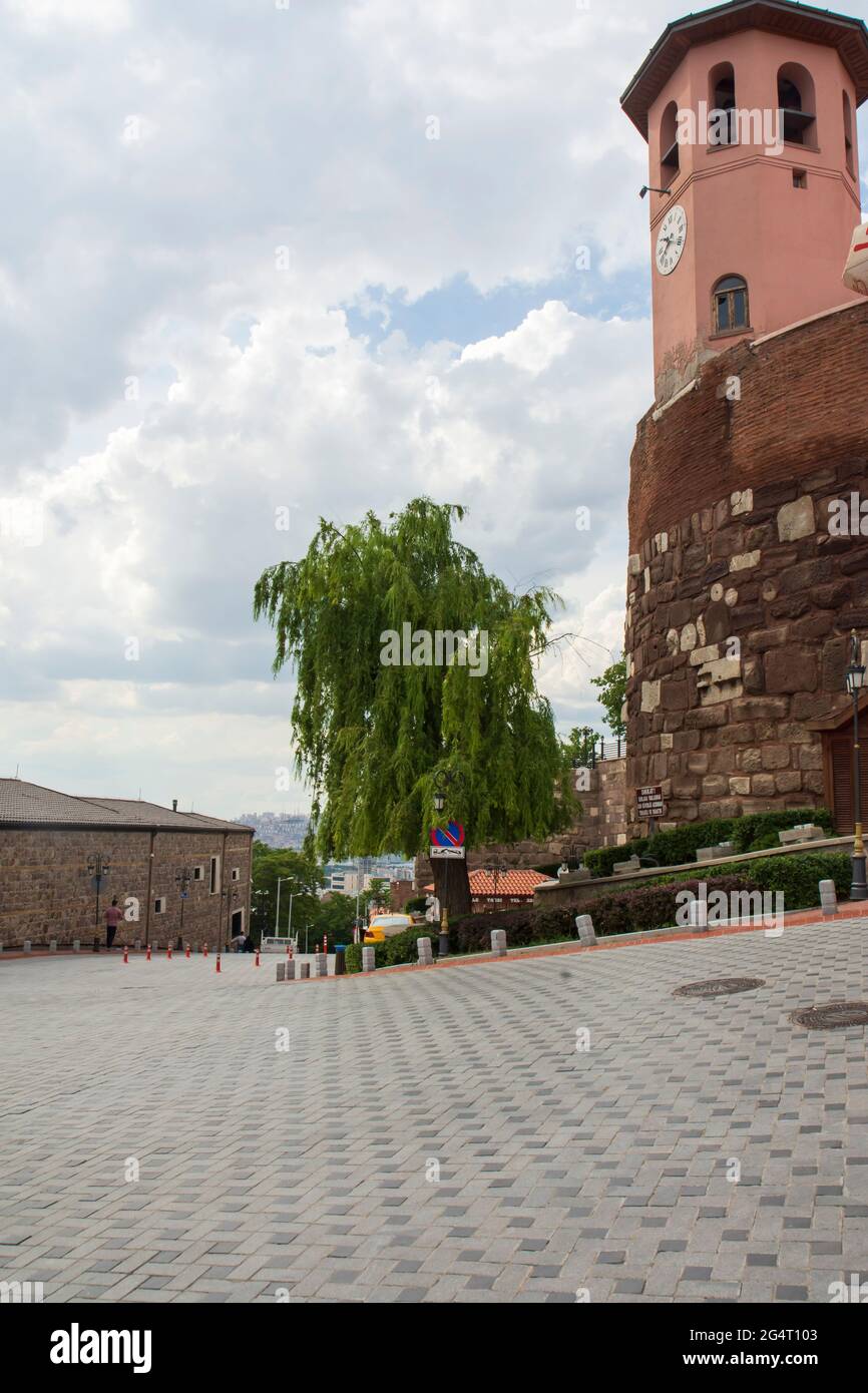 Ankara Castle clock tower and the square in front of it. Stock Photo