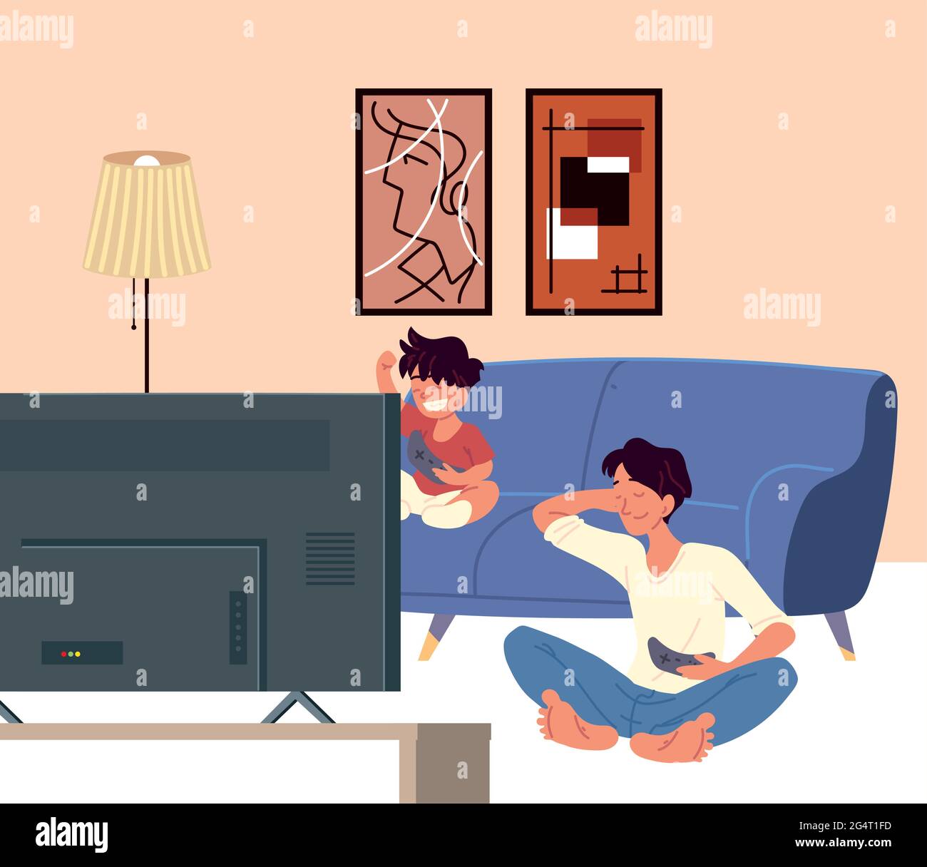 father and son playing video games Stock Vector