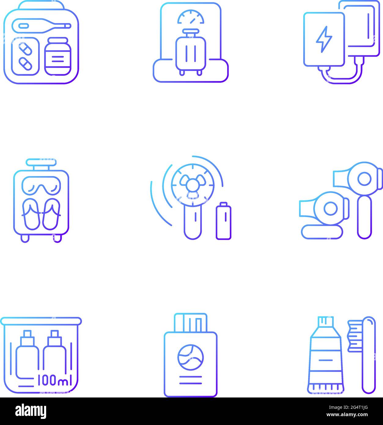 Airplane passenger travelling things gradient linear vector icons set Stock Vector
