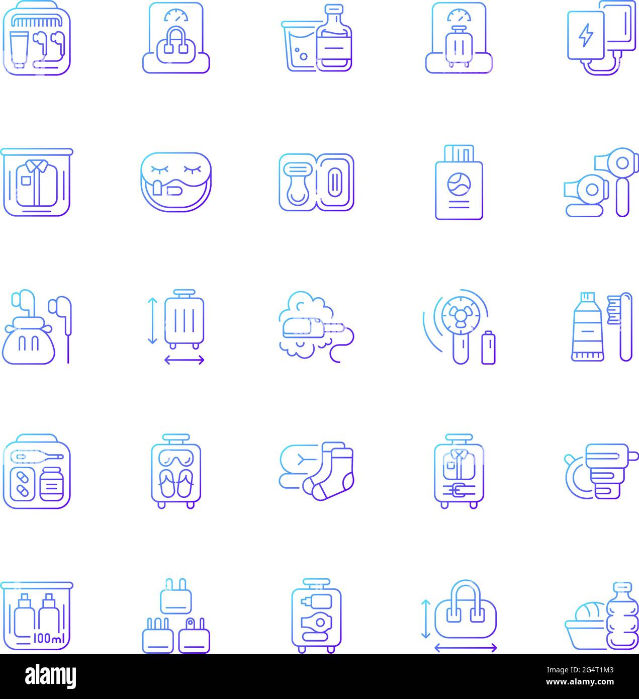 Travel size objects gradient linear vector icons set Stock Vector