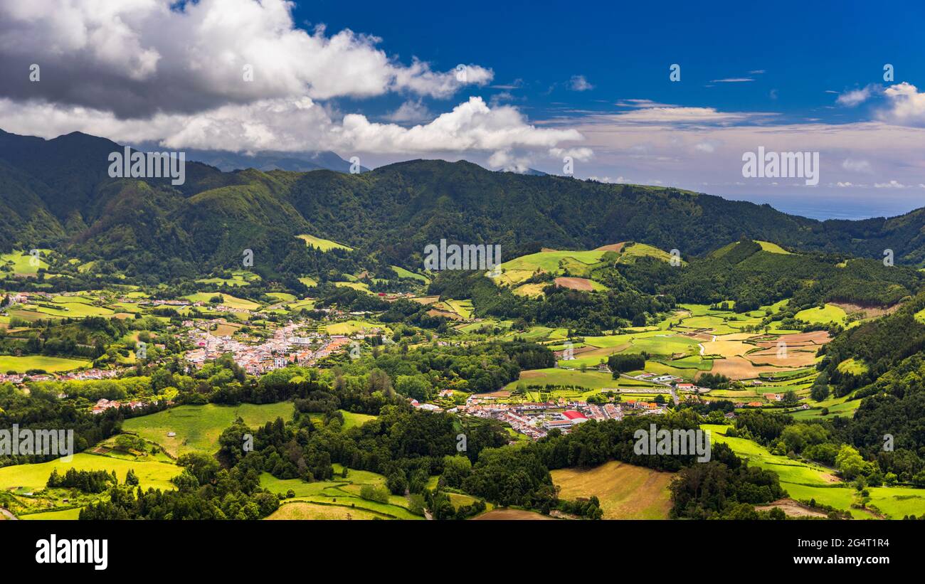Aerial view of Lagoa das Furnas located on the Azorean island of Sao ...