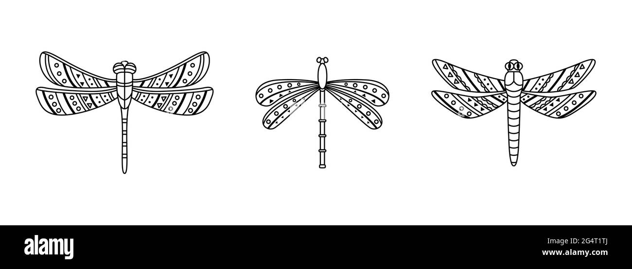 Set of dragonflies in boho styles. Geometric tribal outline illustration. Stock Vector