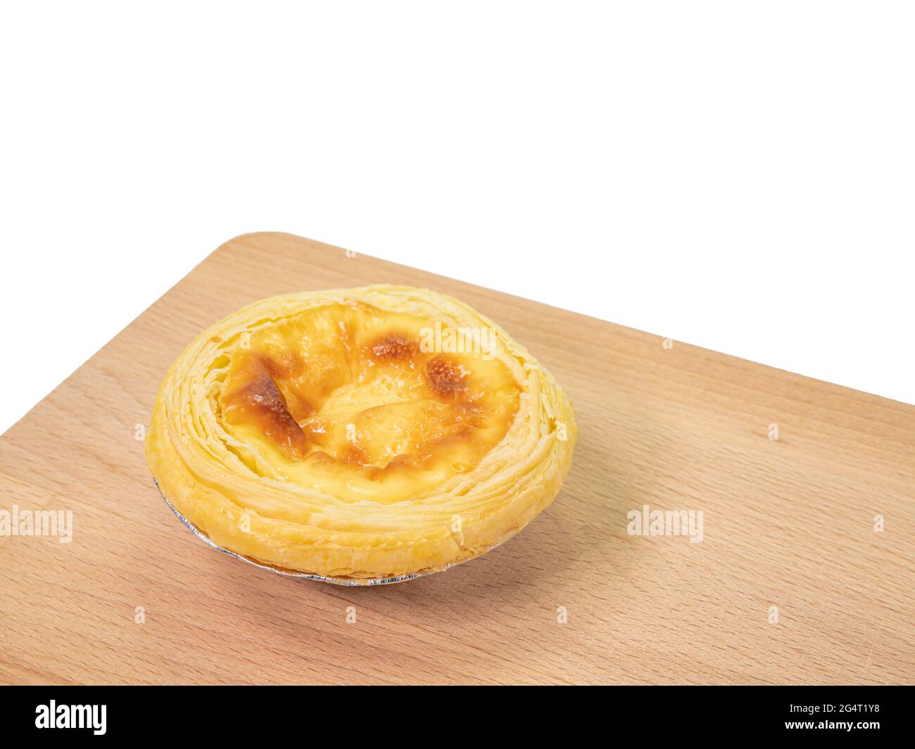 Egg tart, a close up of homemade crispy custard tart pie bakery isolated on white background. Stock Photo