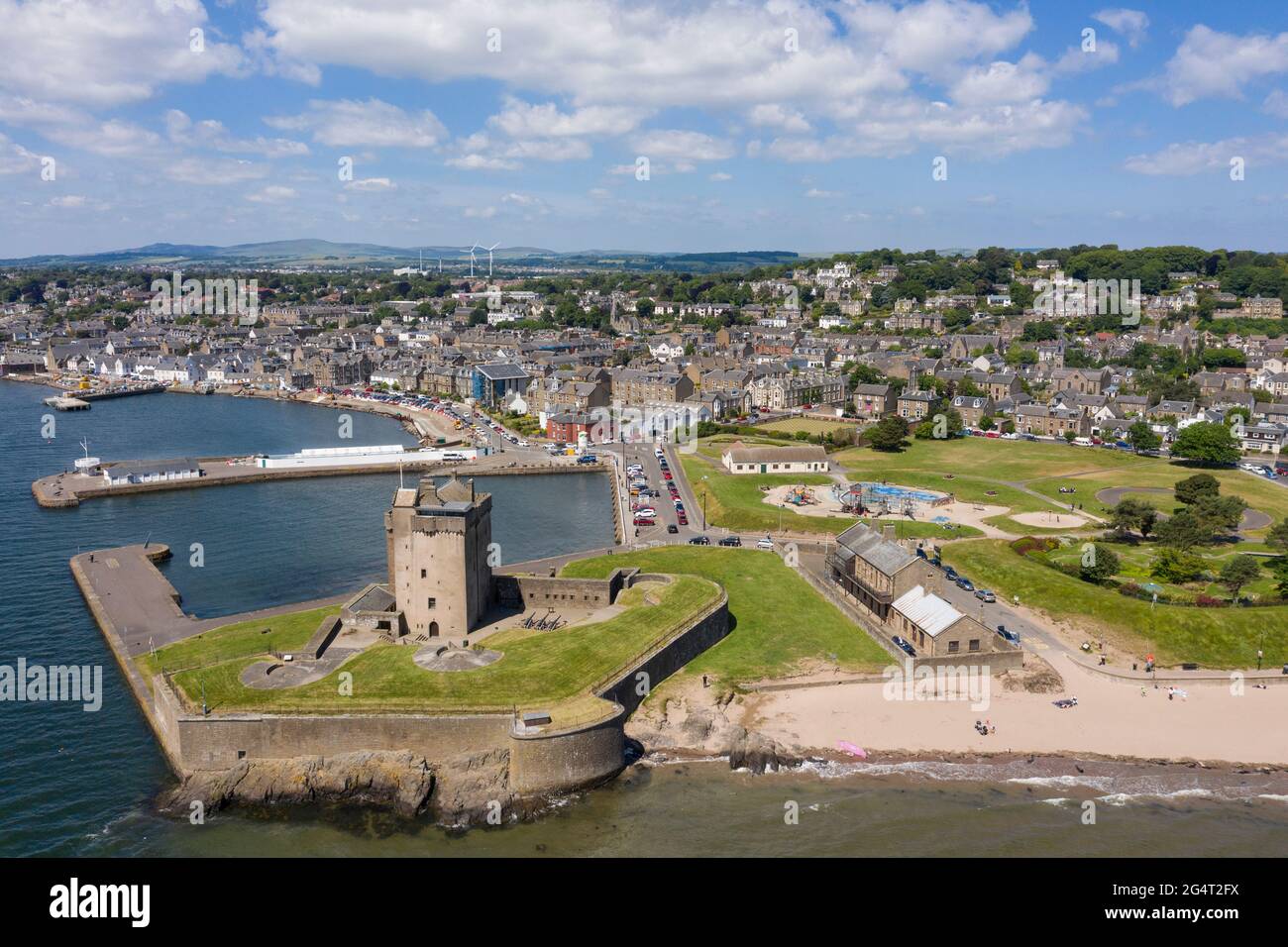 Aerial view of Broughty Ferry and Broughty Castle, Scotland Stock Photo