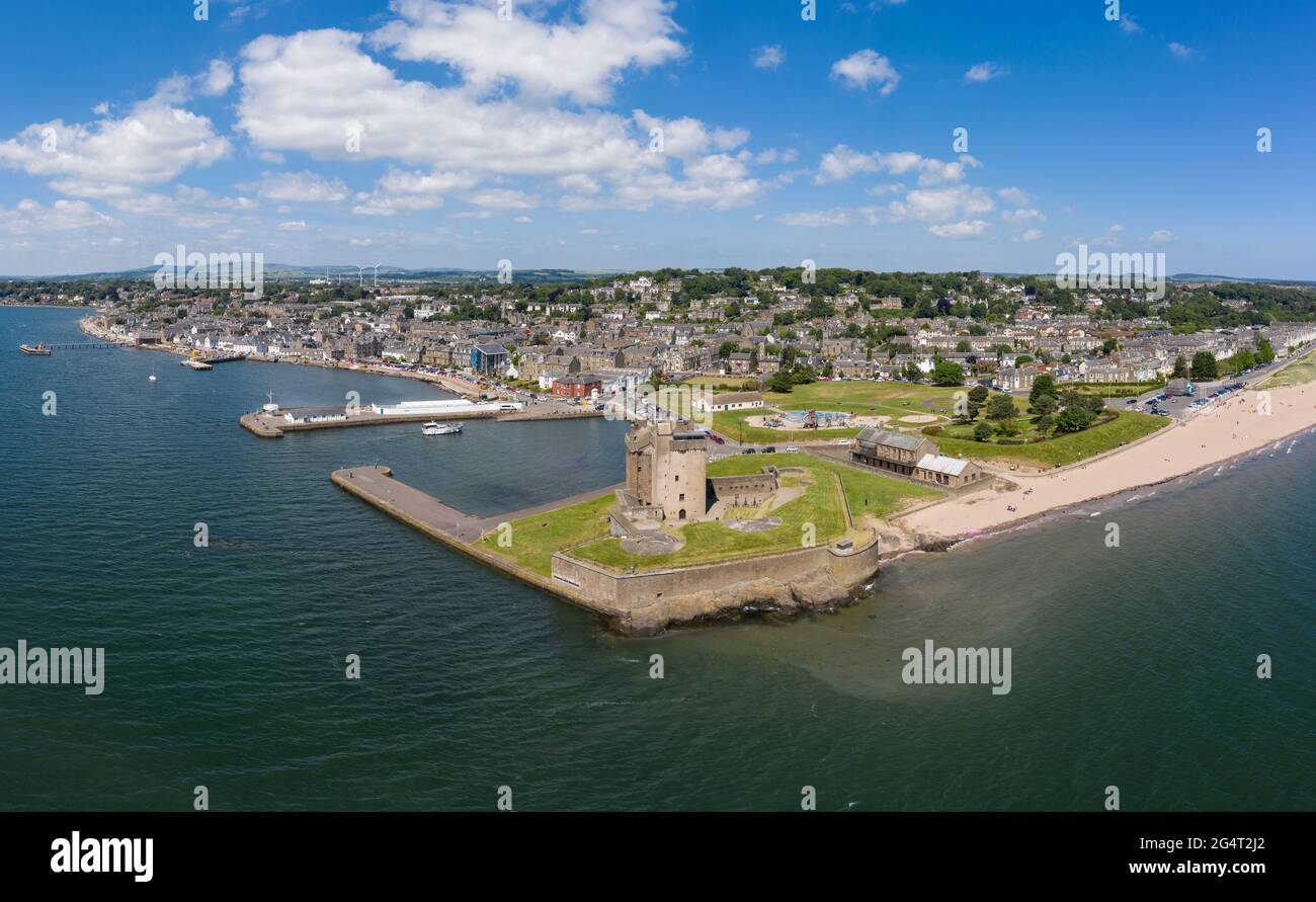 Aerial view of Broughty Ferry and Broughty Castle, Scotland Stock Photo