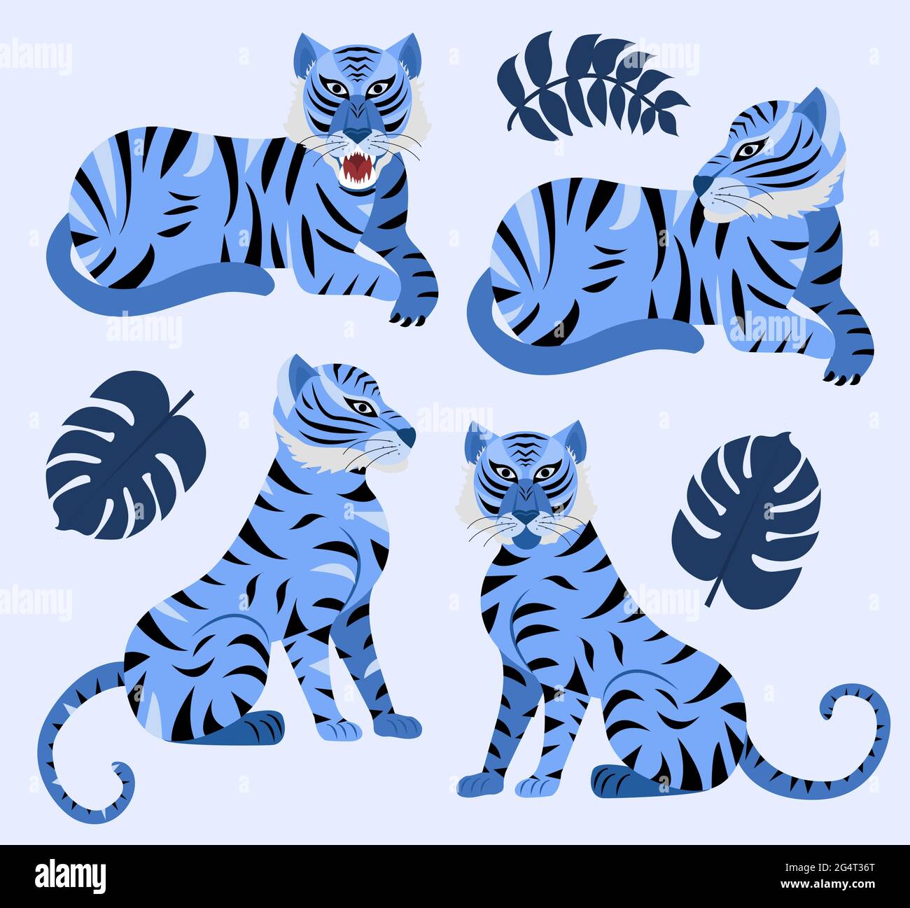 Blue tiger and tropical leaves set. Year of the Water Tiger Chinese New Year 2022. Vector illustration Stock Vector
