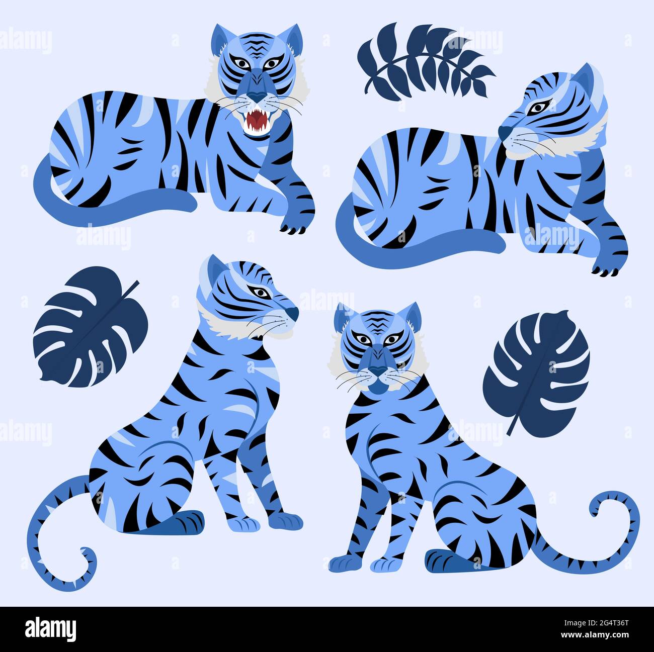 Blue tiger and tropical leaves set. Year of the Water Tiger Chinese New