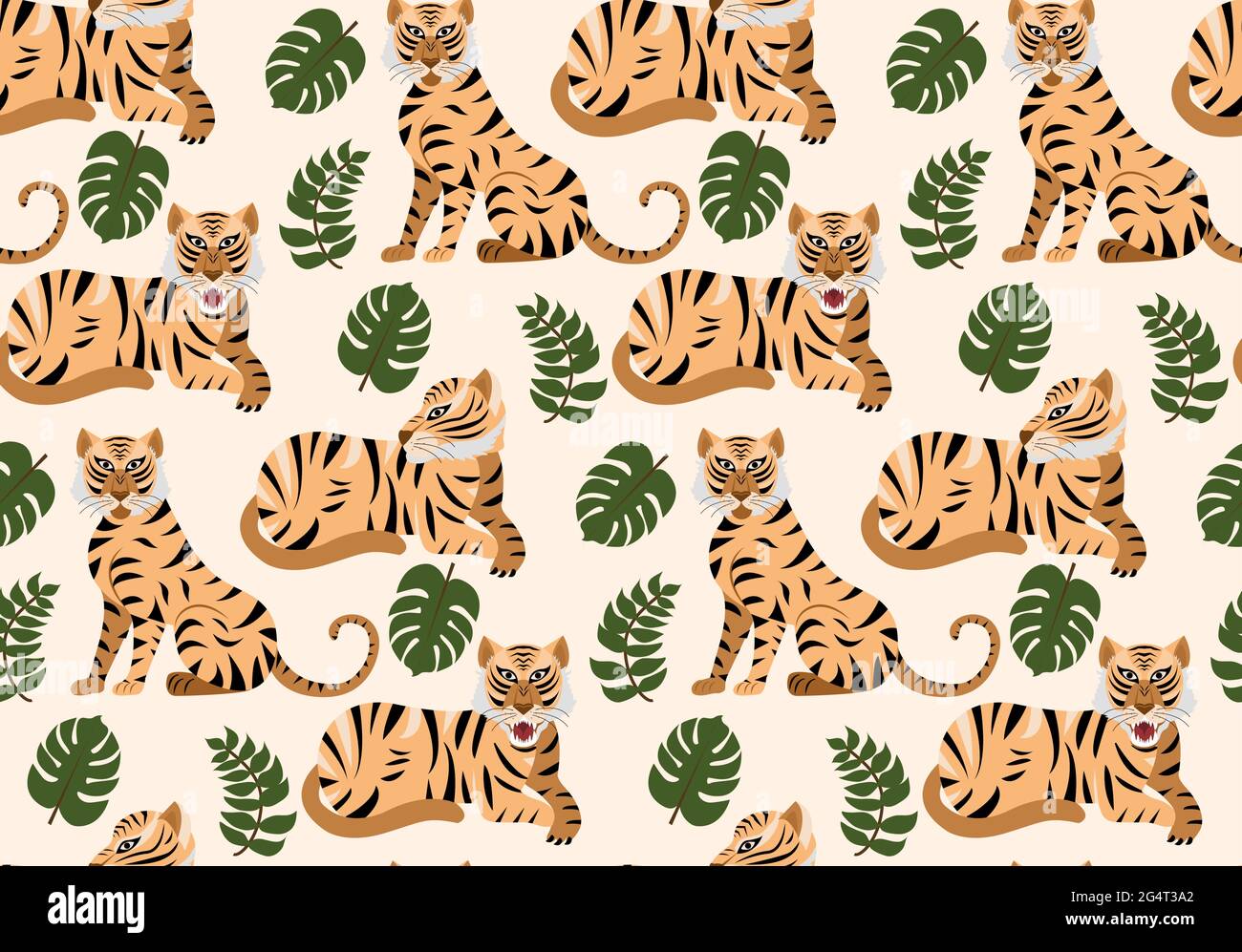 Vector seamless pattern with tigers and tropical plants Stock Vector ...