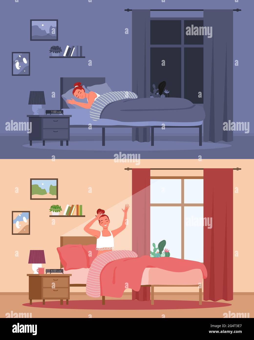 Happy sleep and awakening, young characters sleep at night and wake up in morning Stock Vector