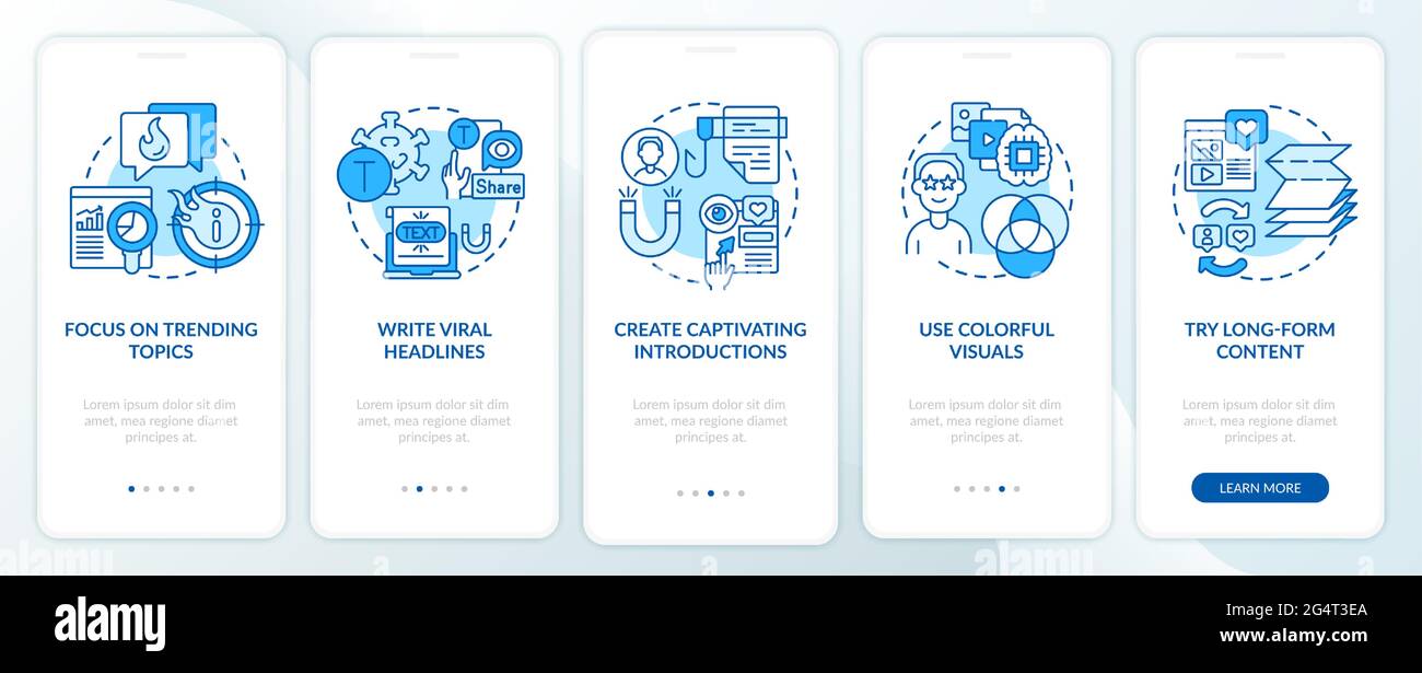 Buzzworthy content creation tips onboarding mobile app page screen Stock Vector