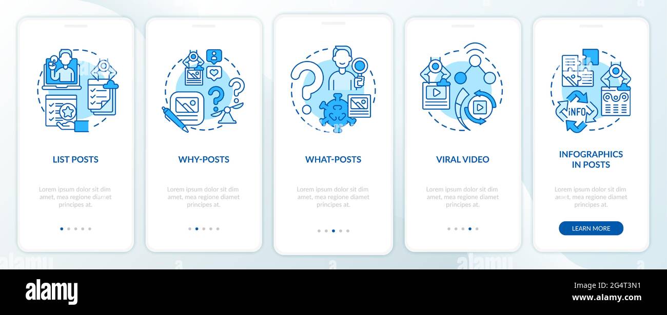 Top buzzworthy posts types onboarding mobile app page screen Stock Vector