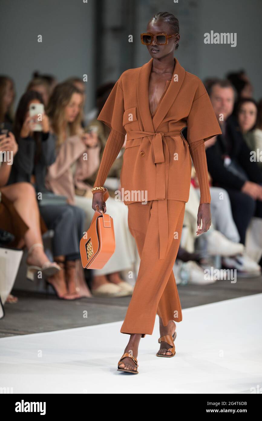 A model walks the runway during the Oroton show during the