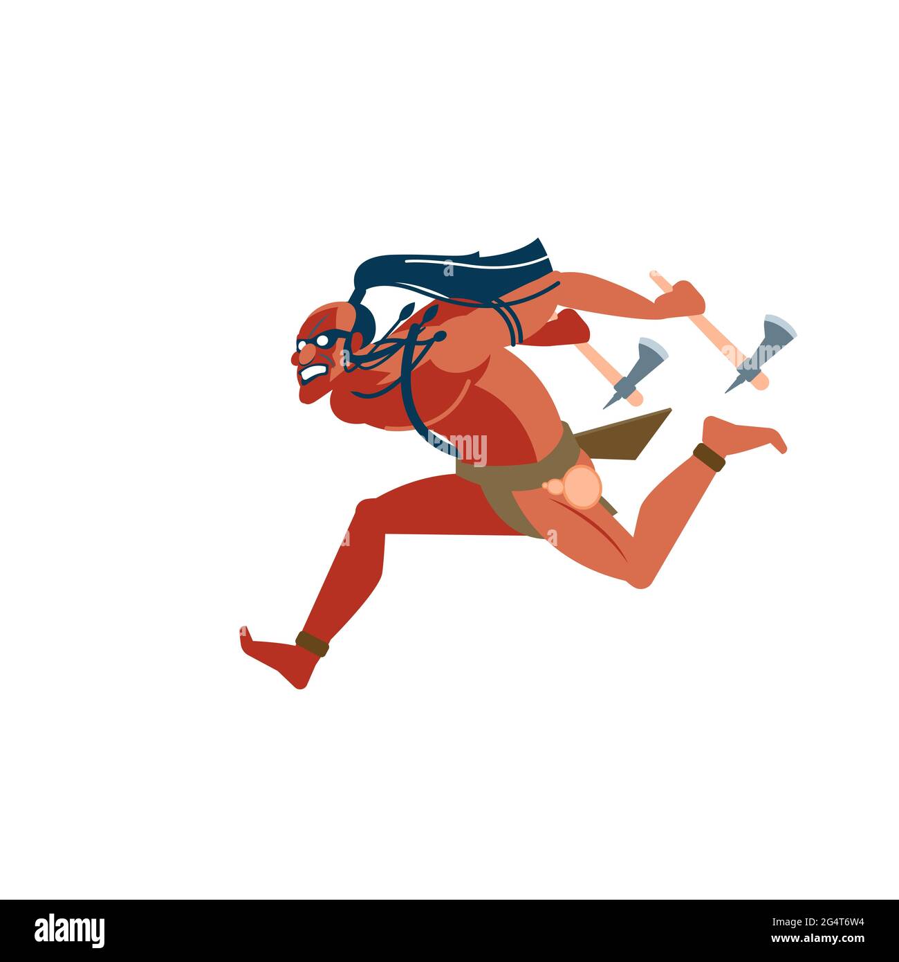 Warrior of indigenous African tribes, an Australian and American aboriginal set, a member of the tribe ferociously attacks the enemy with two Stock Vector