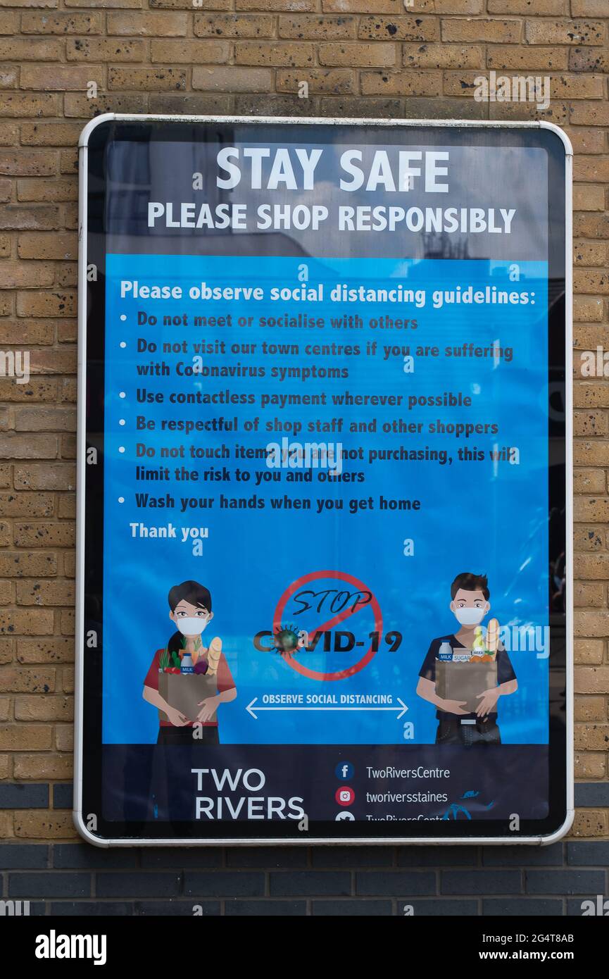 StainesuponThames, Surrey, UK. 23rd June, 2021. A Stay Safey sign