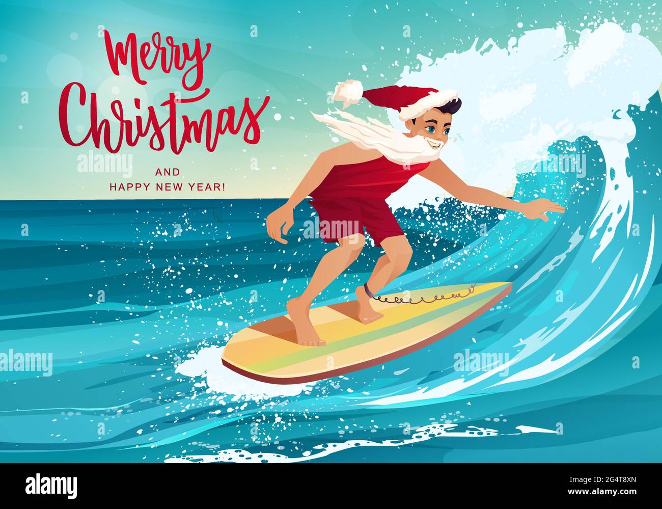 Man in clothes of Santa Claus surfing on the wave in tropical ocean. Merry Christmas hand lettering. Vacation, resort, greeting cards. Stock Vector