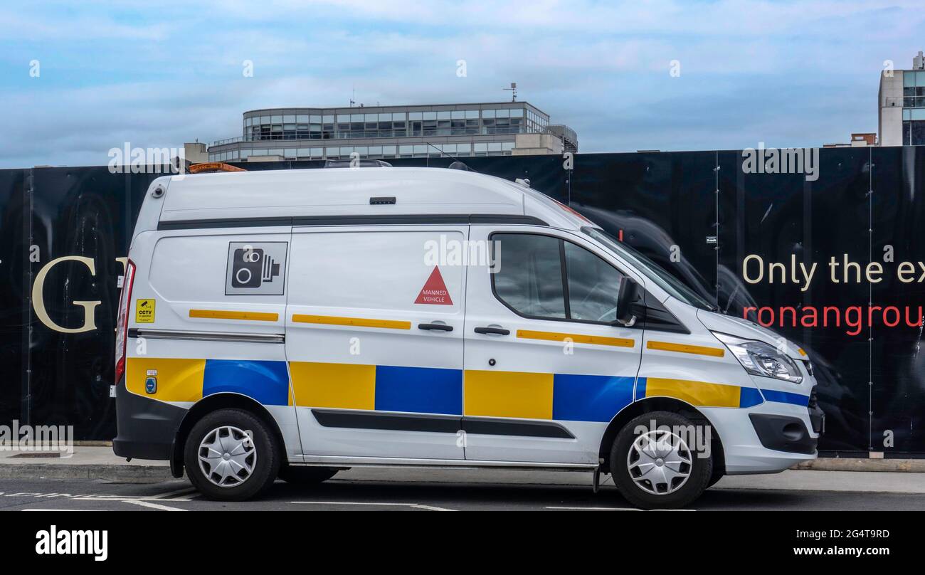 A Go Safe speed camera van parked on the North Quays in Dublin, Ireland. Working on behalf of the police, the vans monitor speed violations. Stock Photo
