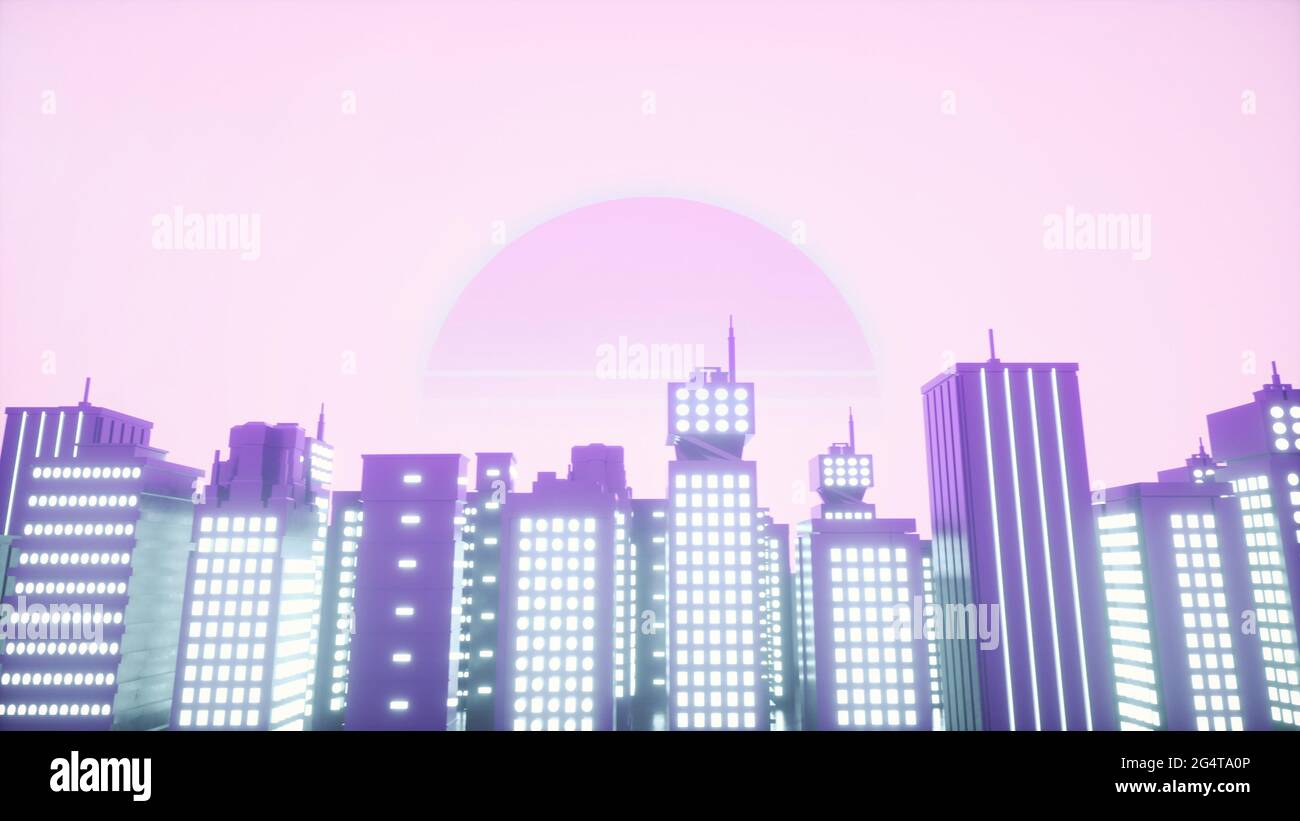 City With Retrowave Illustration With Background Of Sky And Stars