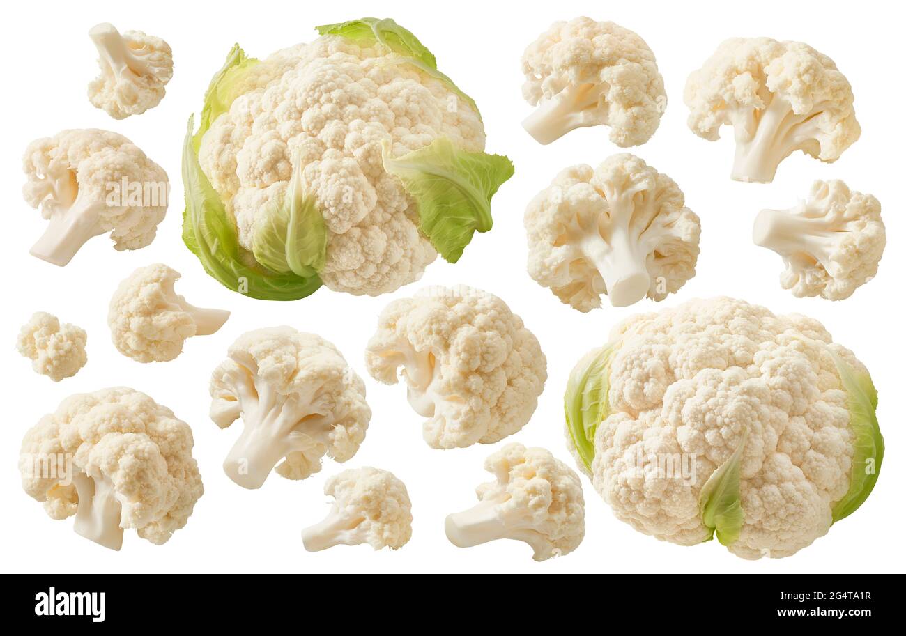 Fresh cauliflower heads and pieces set isolated on white background. Package design elements with clipping path Stock Photo
