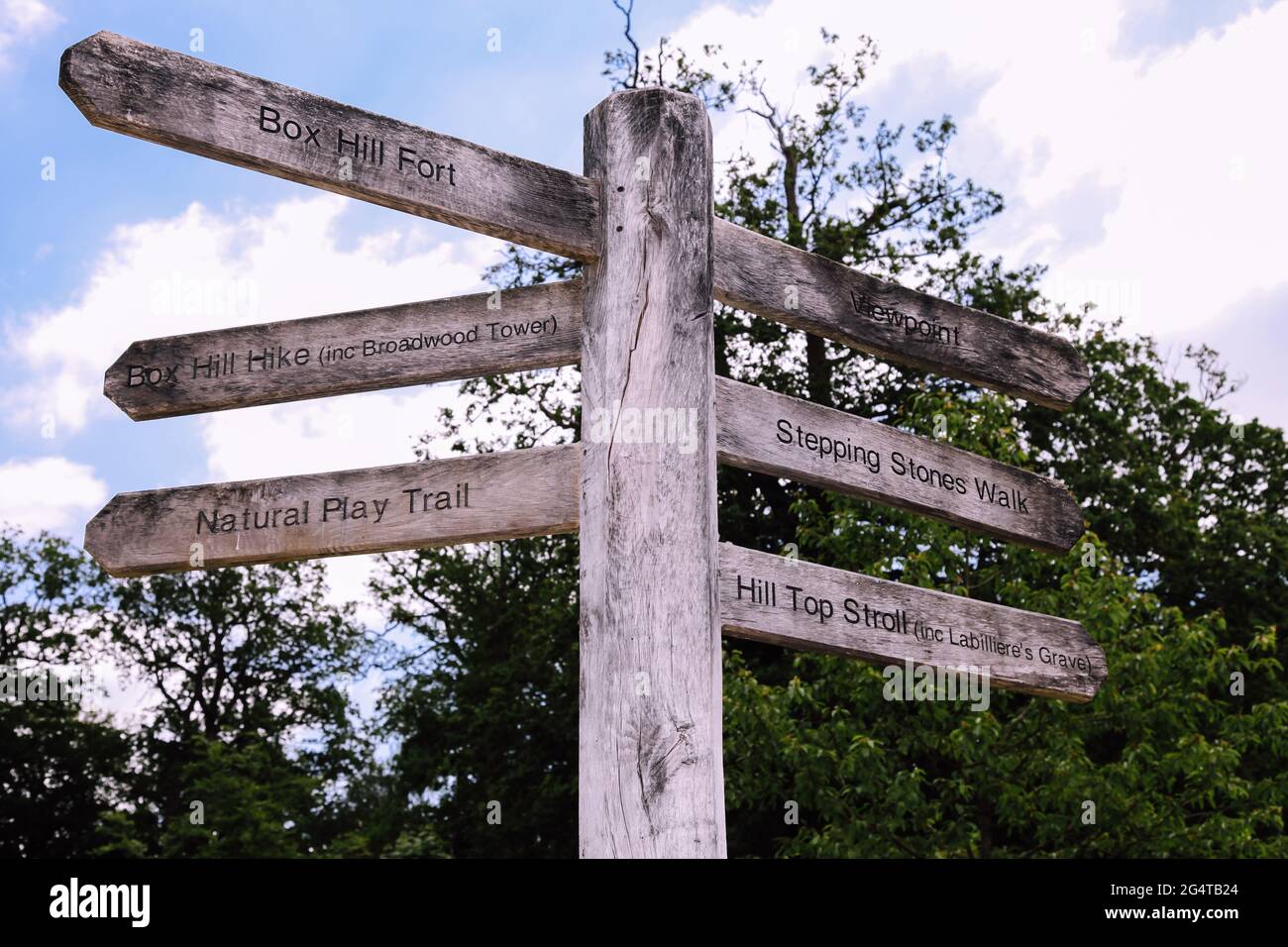 Direction sign at top of National Trust Box Hill site, Surrey Hills ...