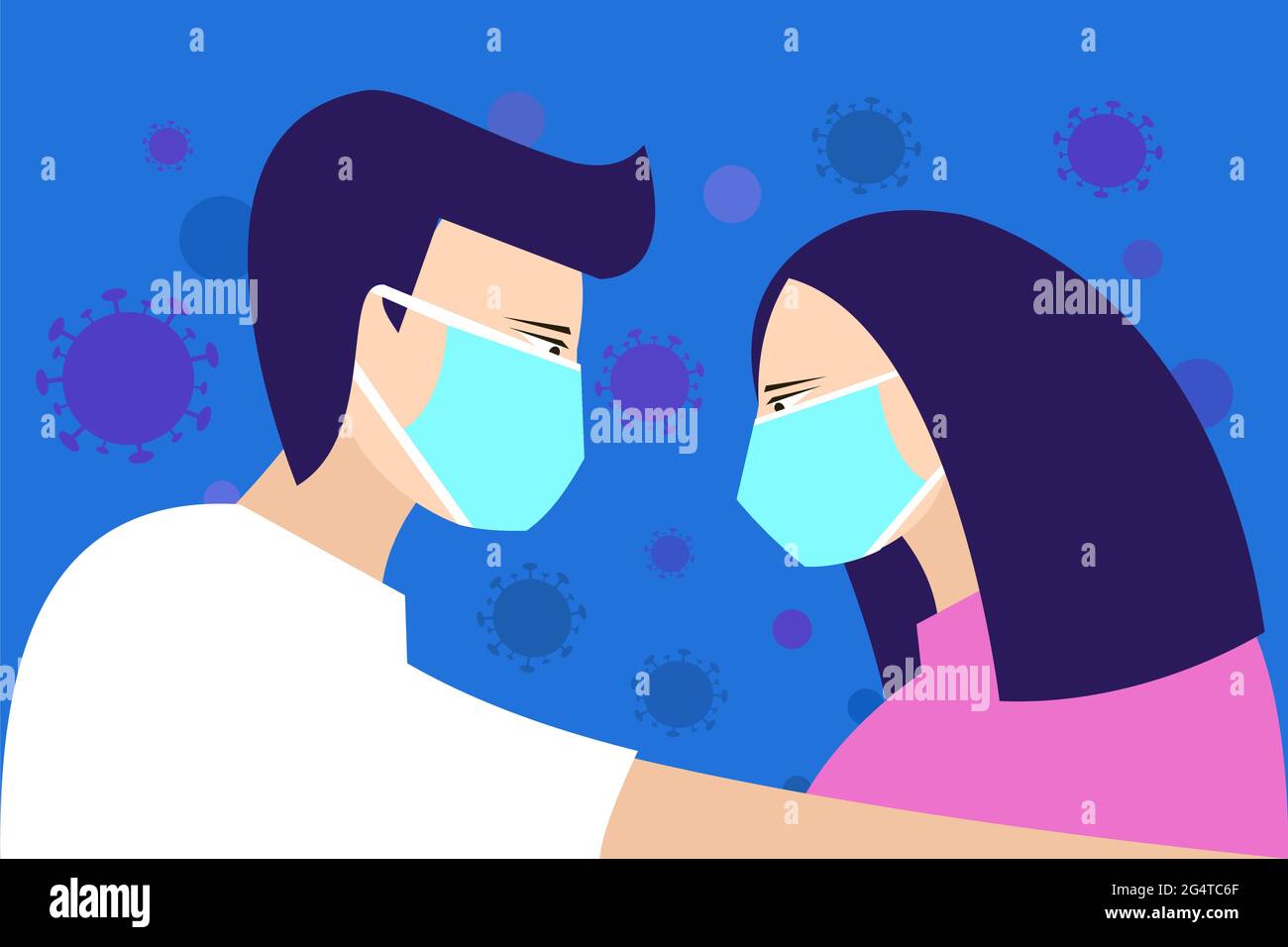 Couple wearing protective face masks holding together Stock Vector