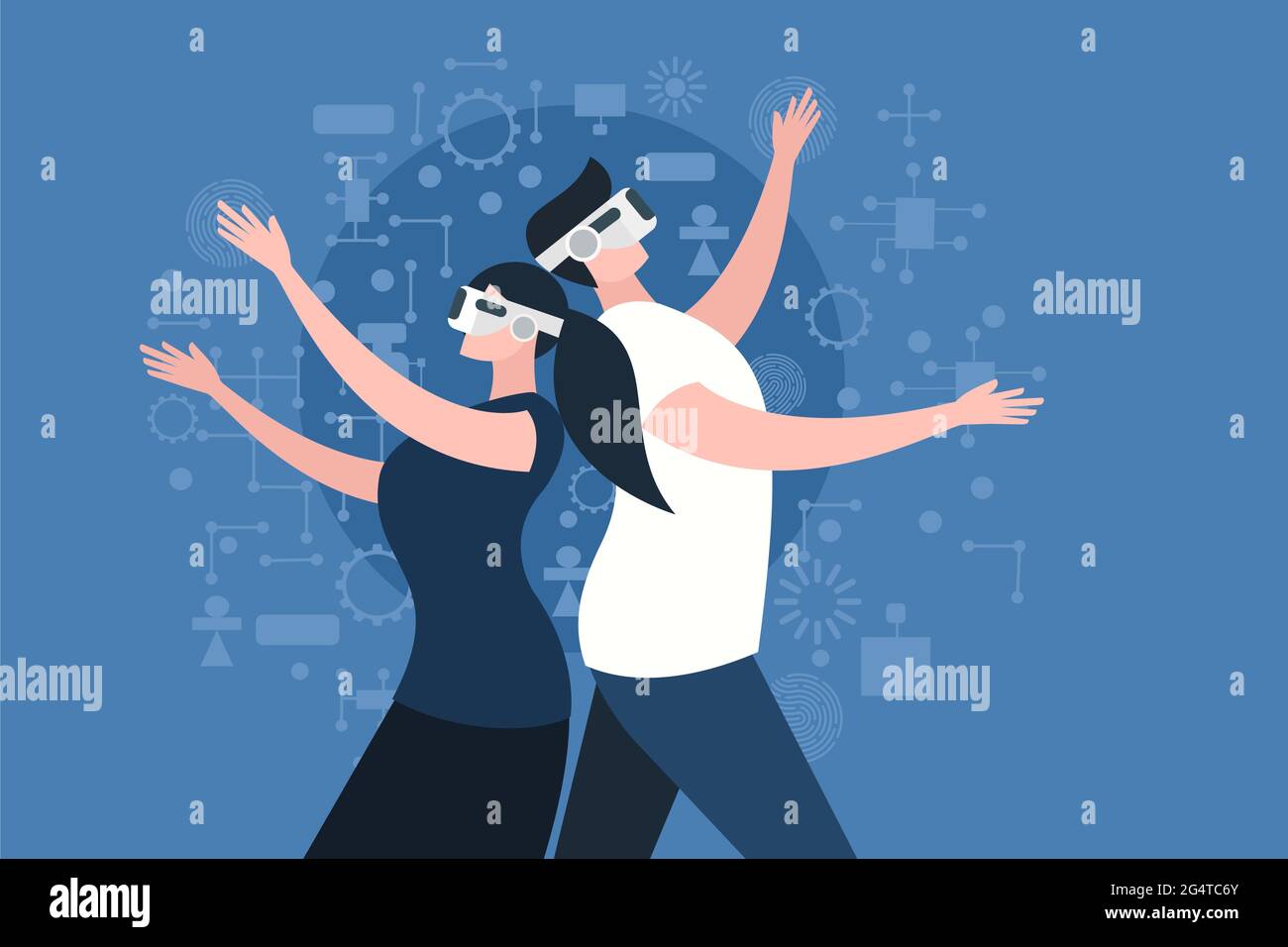 The man and woman wearing VR headset experiencing the virtual reality ...