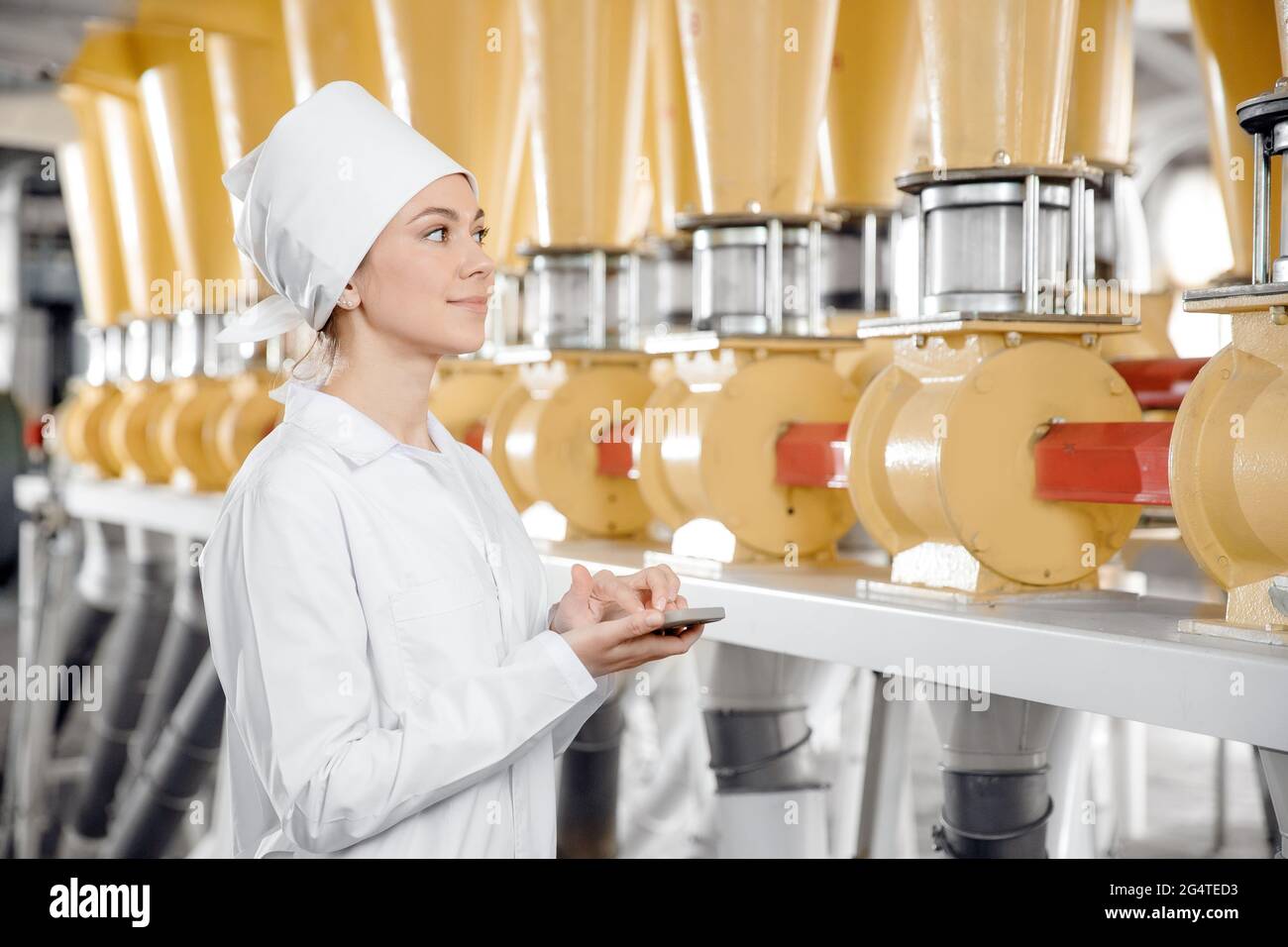 Modern electrical mill machinery for production of wheat flour. Woman operator on background