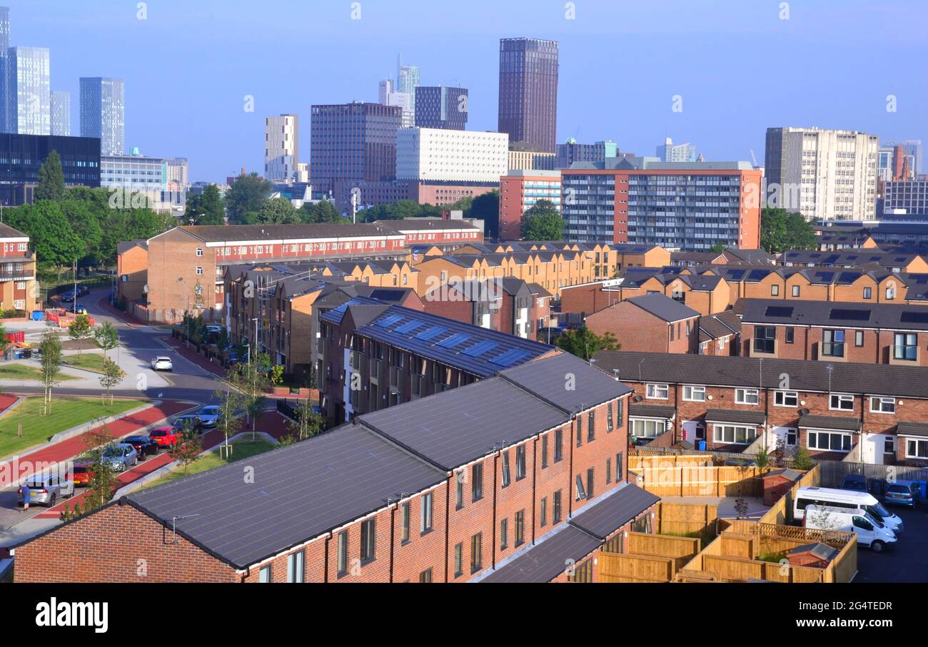 Skyscrapers or high rise buildings in central Manchester, UK, with mostly new housing in front, seen from the South of the city. Stock Photo