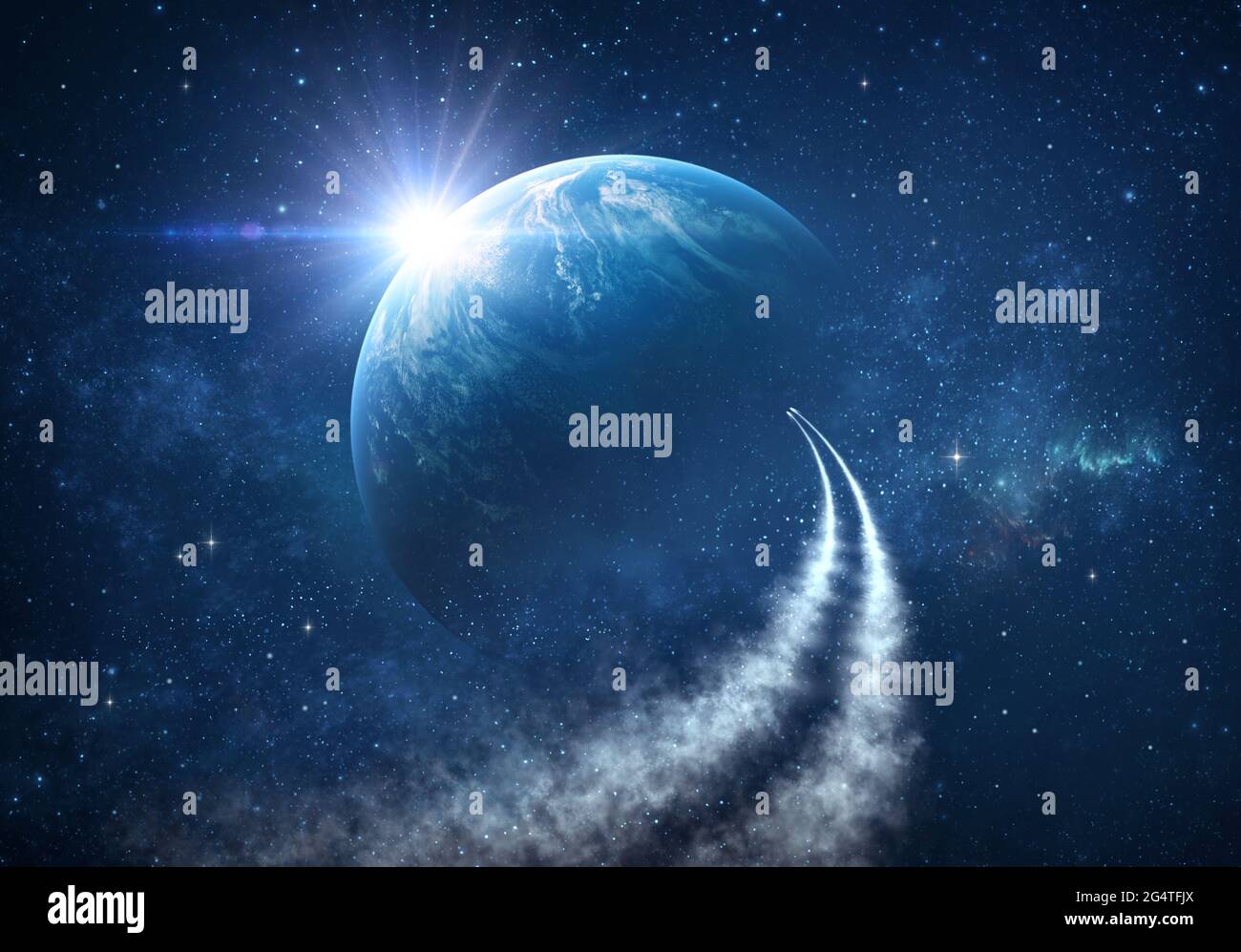 Spaceships traveling into deep space, exploring Universe, stars constellations and nebulas. Comets in outer space reaching planet Earth. Stock Photo