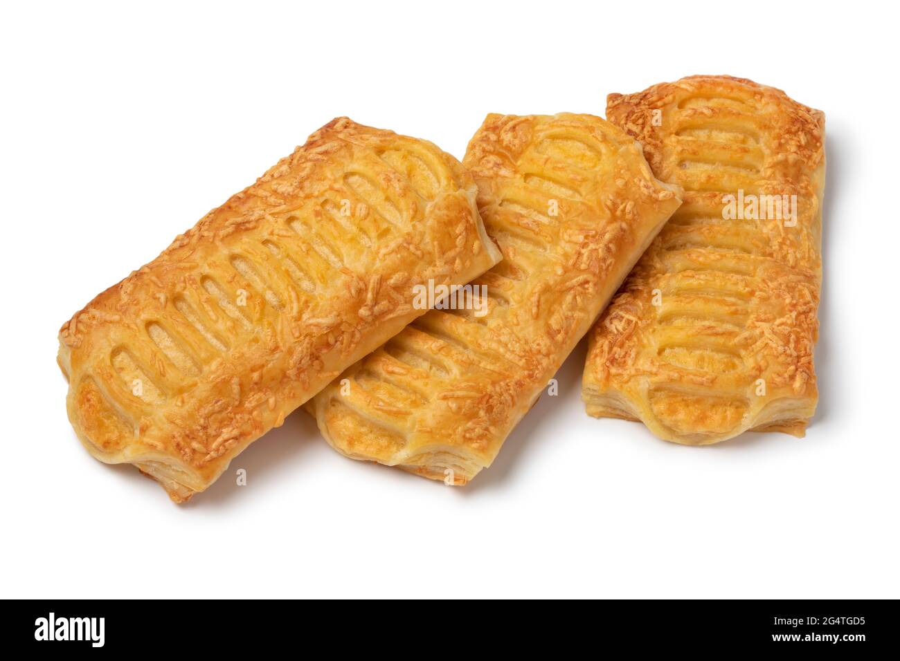 Three cheese puff pastry snacks isolated on white background Stock Photo