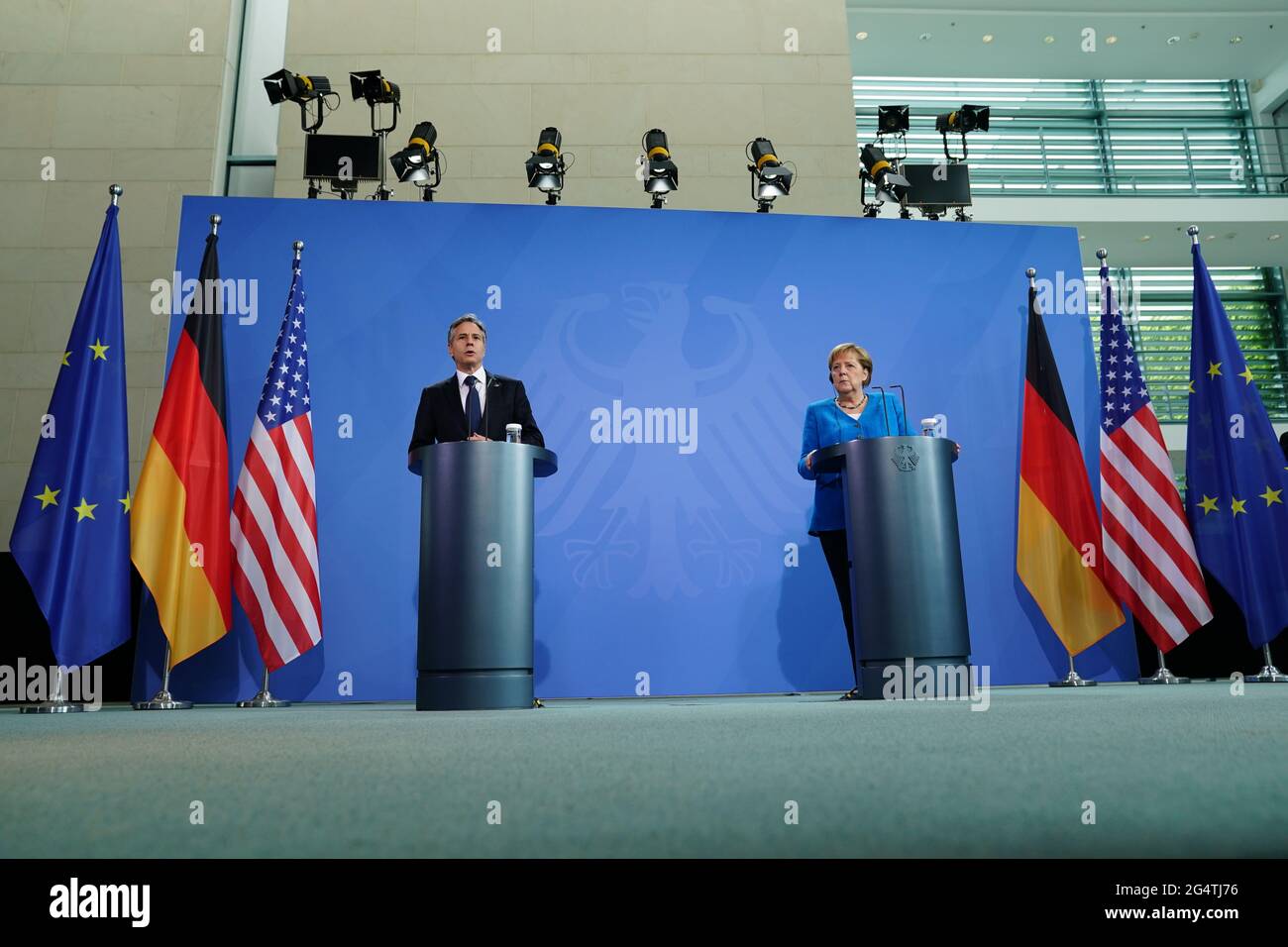 Berlin, Germany. 23rd June, 2021. German Chancellor Angela Merkel (CDU) and US Secretary of State Antony Blinken speak during a press conference at the Chancellery. Credit: Clemens Bilan/EPA Pool/dpa/Alamy Live News Stock Photo