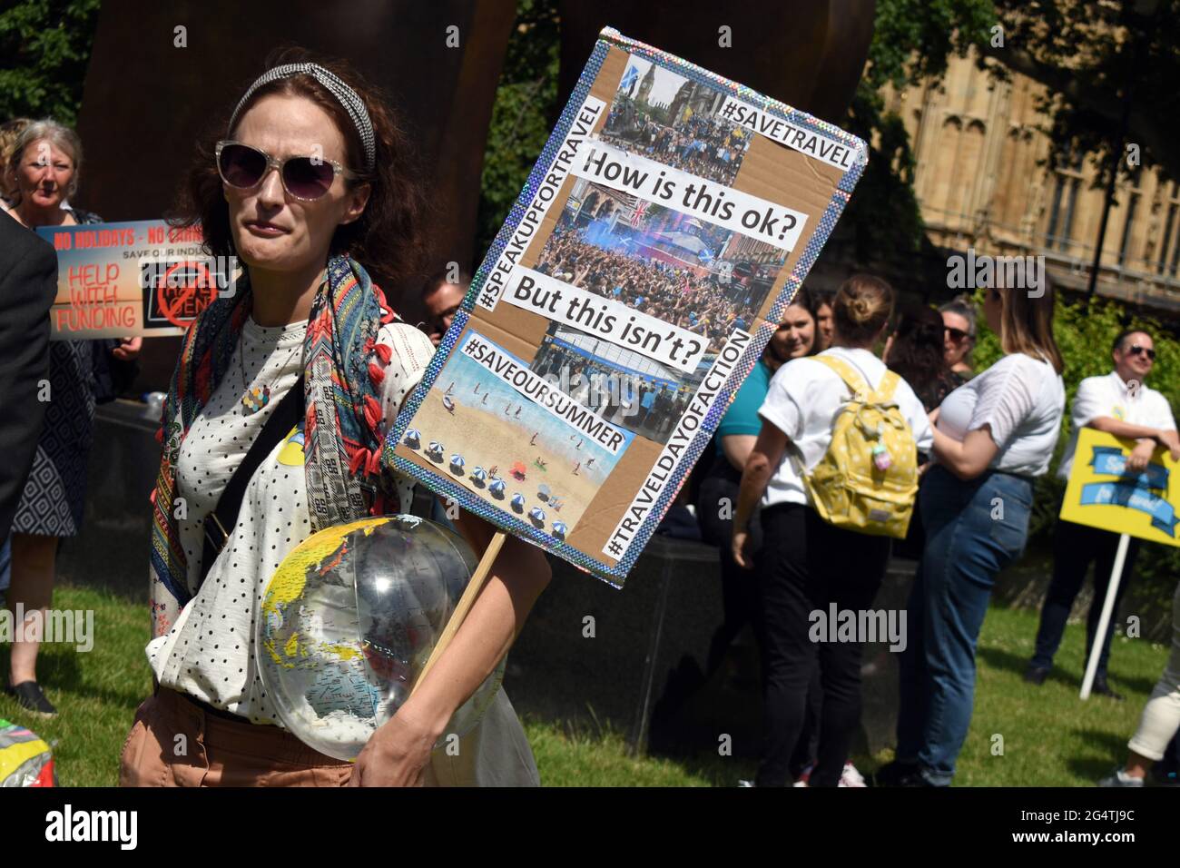 London, UK. 23rd June, 2021. Travel Industry protest at Westminster about coronavirus travel restrictions in national day of action. Credit: JOHNNY ARMSTEAD/Alamy Live News Stock Photo