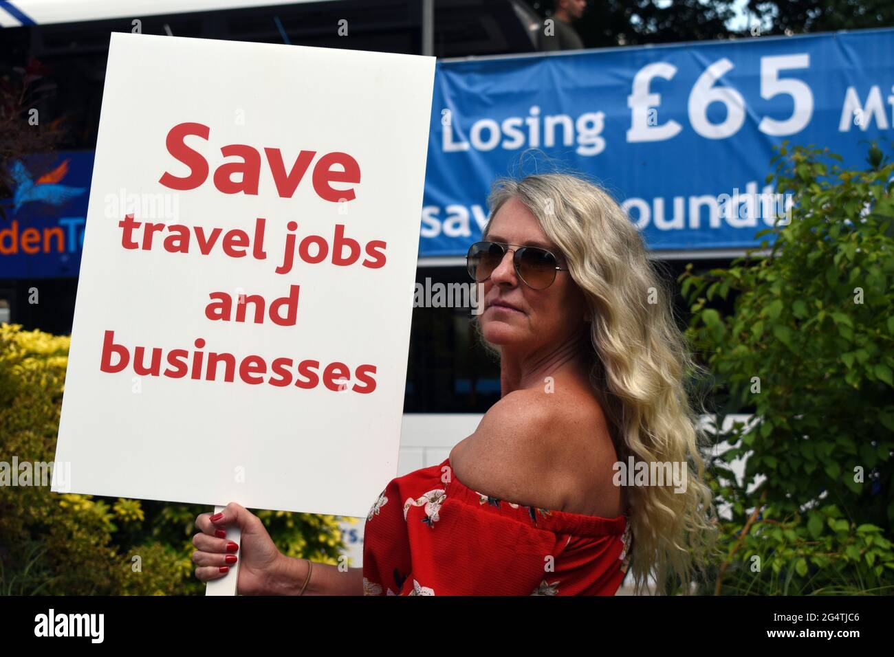 London, UK. 23rd June, 2021. Gail Glanville of RedRoute Travel. Travel Industry protest at Westminster about coronavirus travel restrictions in national day of action. Credit: JOHNNY ARMSTEAD/Alamy Live News Stock Photo