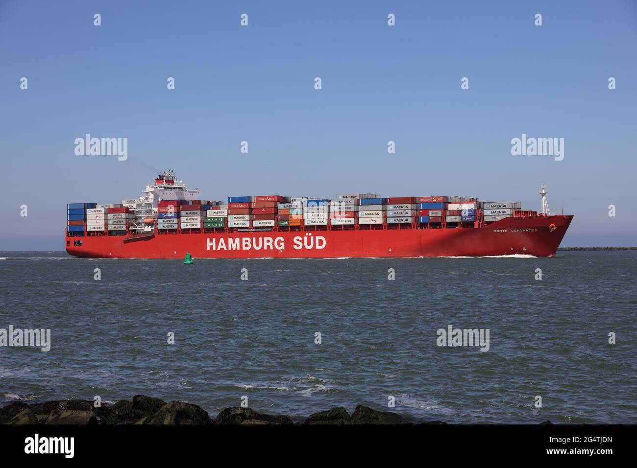 The Brussels Express container ship will be unloaded in the port of Rotterdam on May 29, 2021. Stock Photo