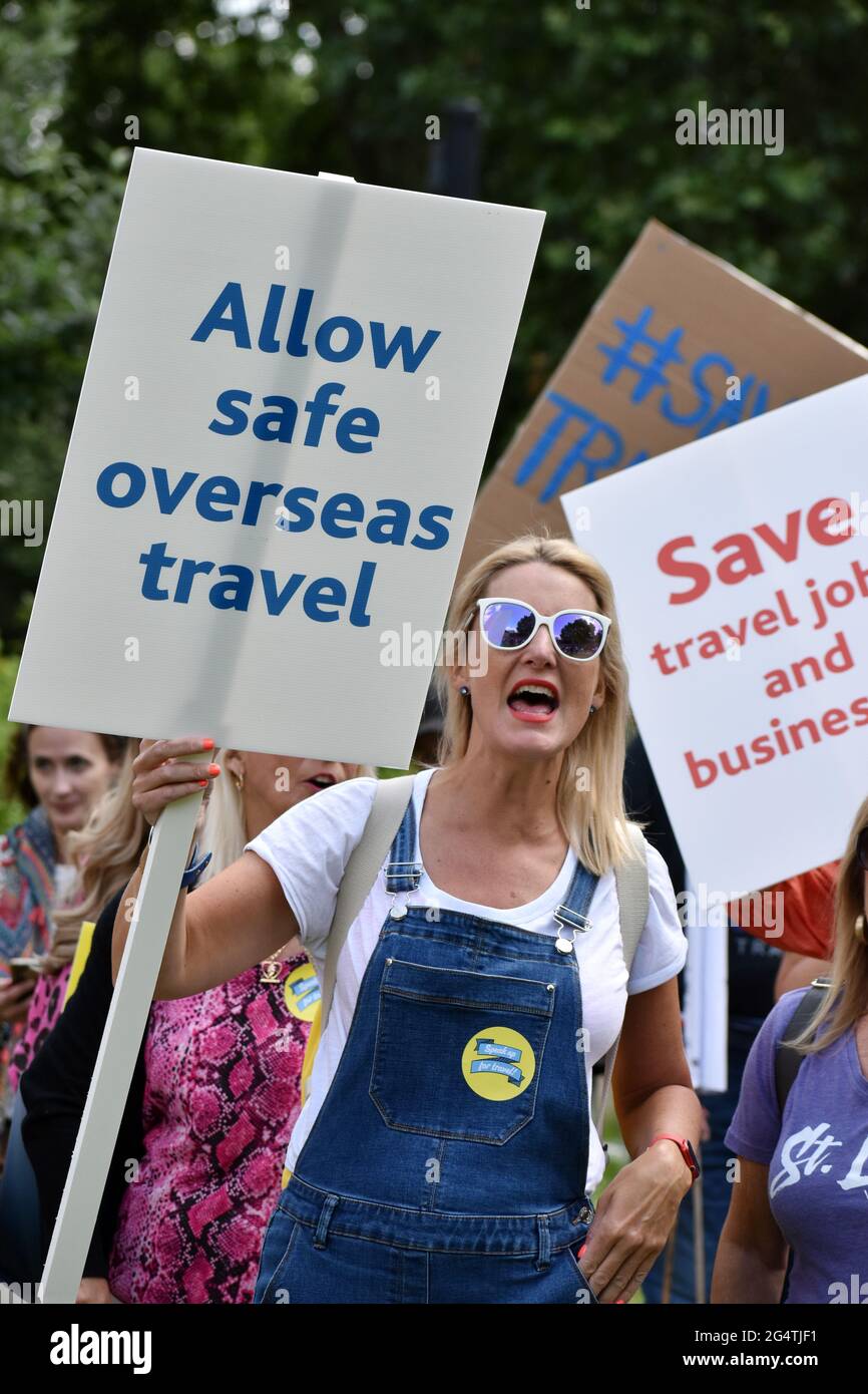 London, UK. 23rd June, 2021. Travel Industry protest at Westminster about coronavirus travel restrictions in national day of action. Credit: JOHNNY ARMSTEAD/Alamy Live News Stock Photo