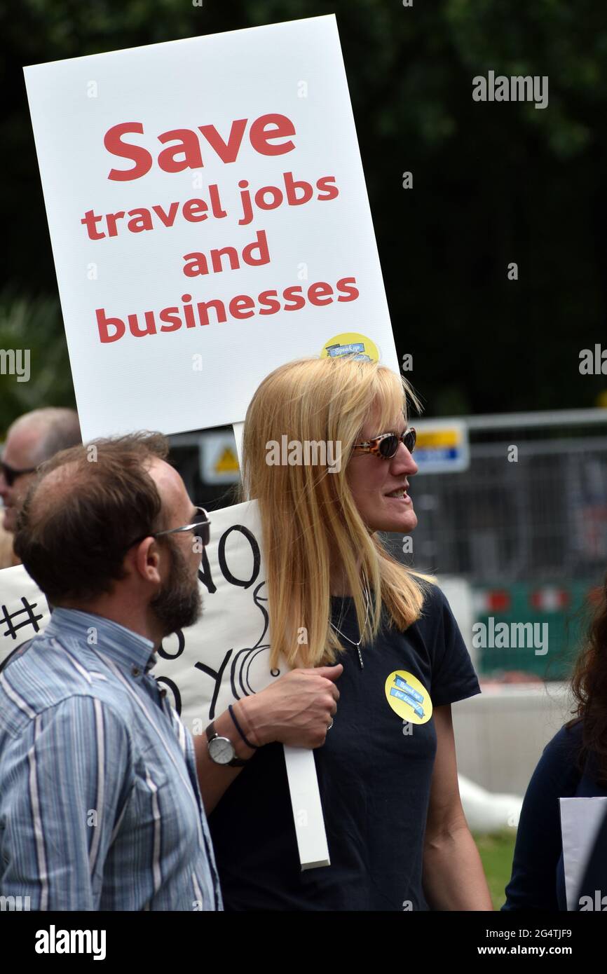 London, UK. 23rd June, 2021. Travel Industry protest at Westminster about coronavirus travel restrictions in national day of action. Credit: JOHNNY ARMSTEAD/Alamy Live News Stock Photo