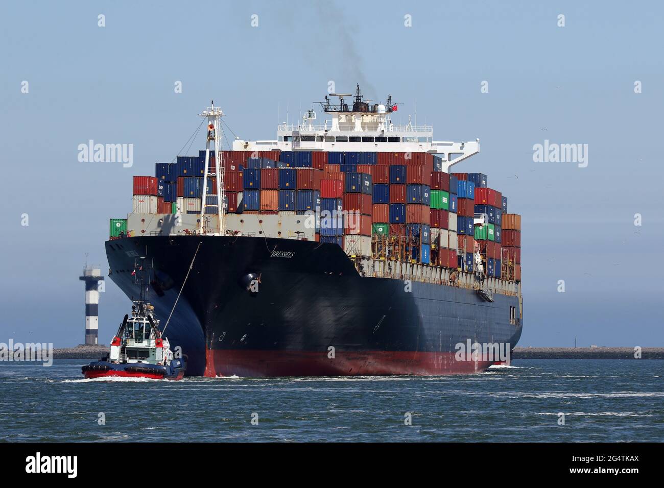 The container ship Brussels will reach the port of Rotterdam on May 29, 2021. Stock Photo