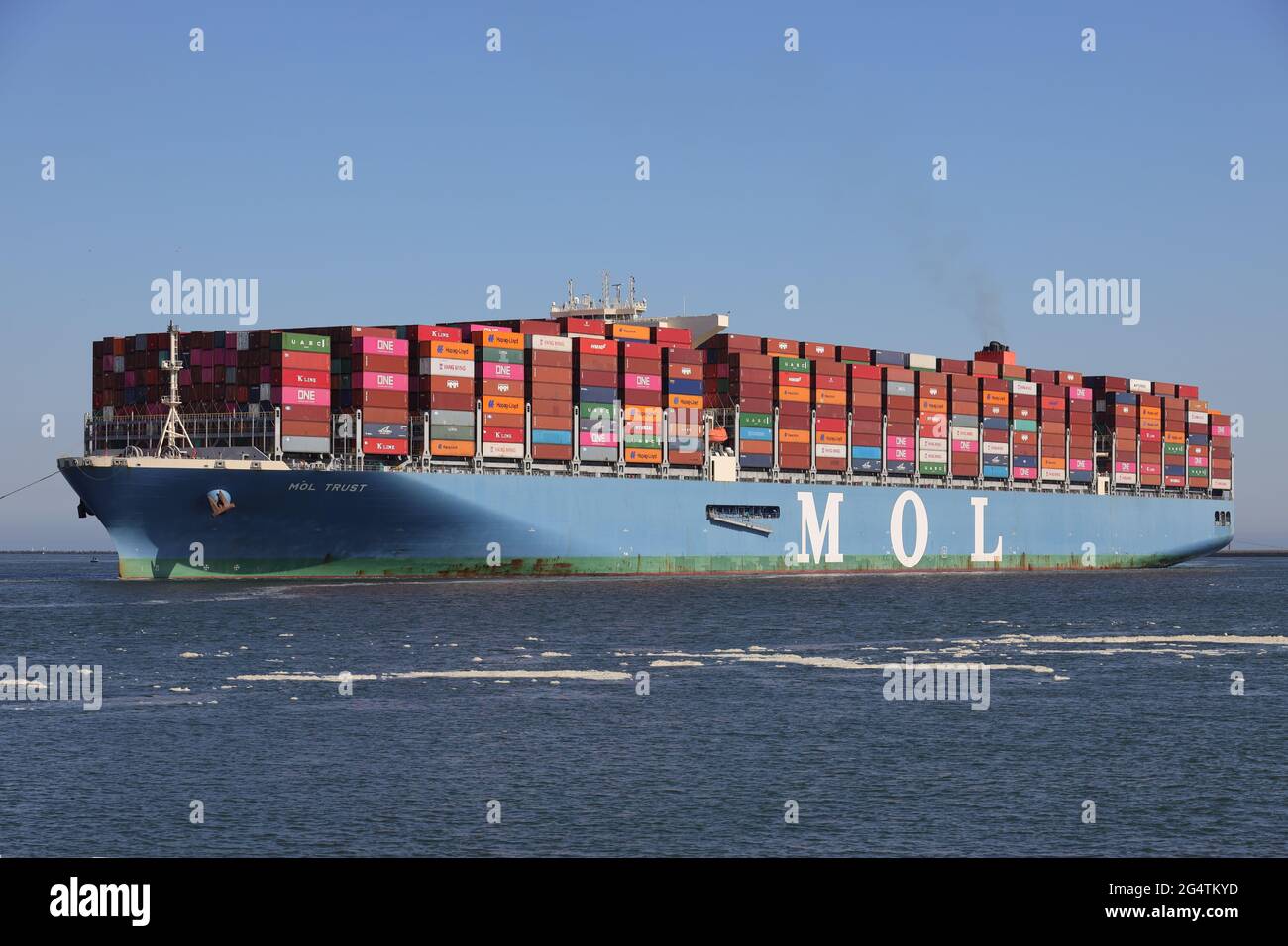 The container ship MOL Trust will reach the port of Rotterdam on May 29, 2021. Stock Photo