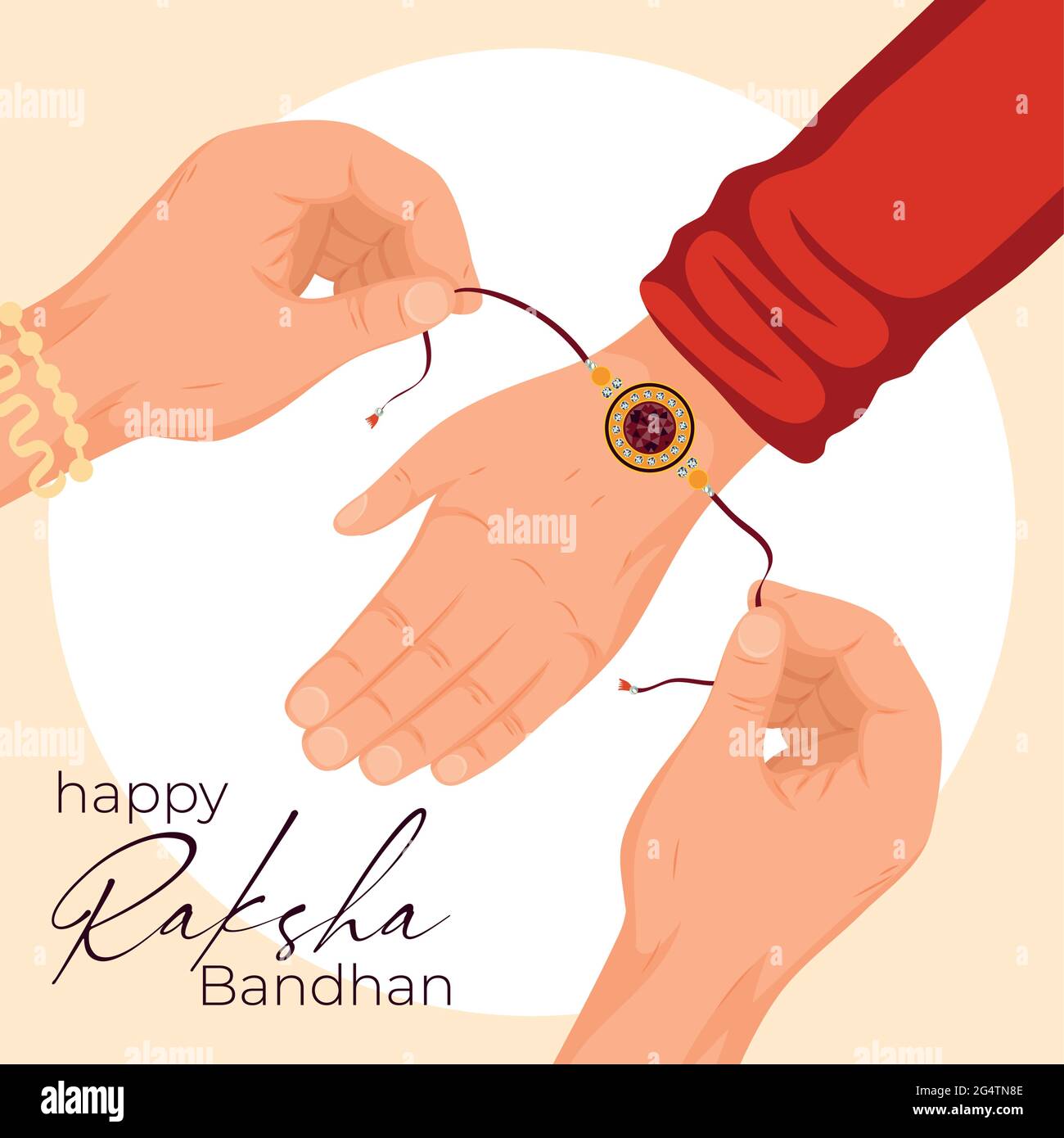 Happy raksha bandhan wristband on hand on white background Stock Vector