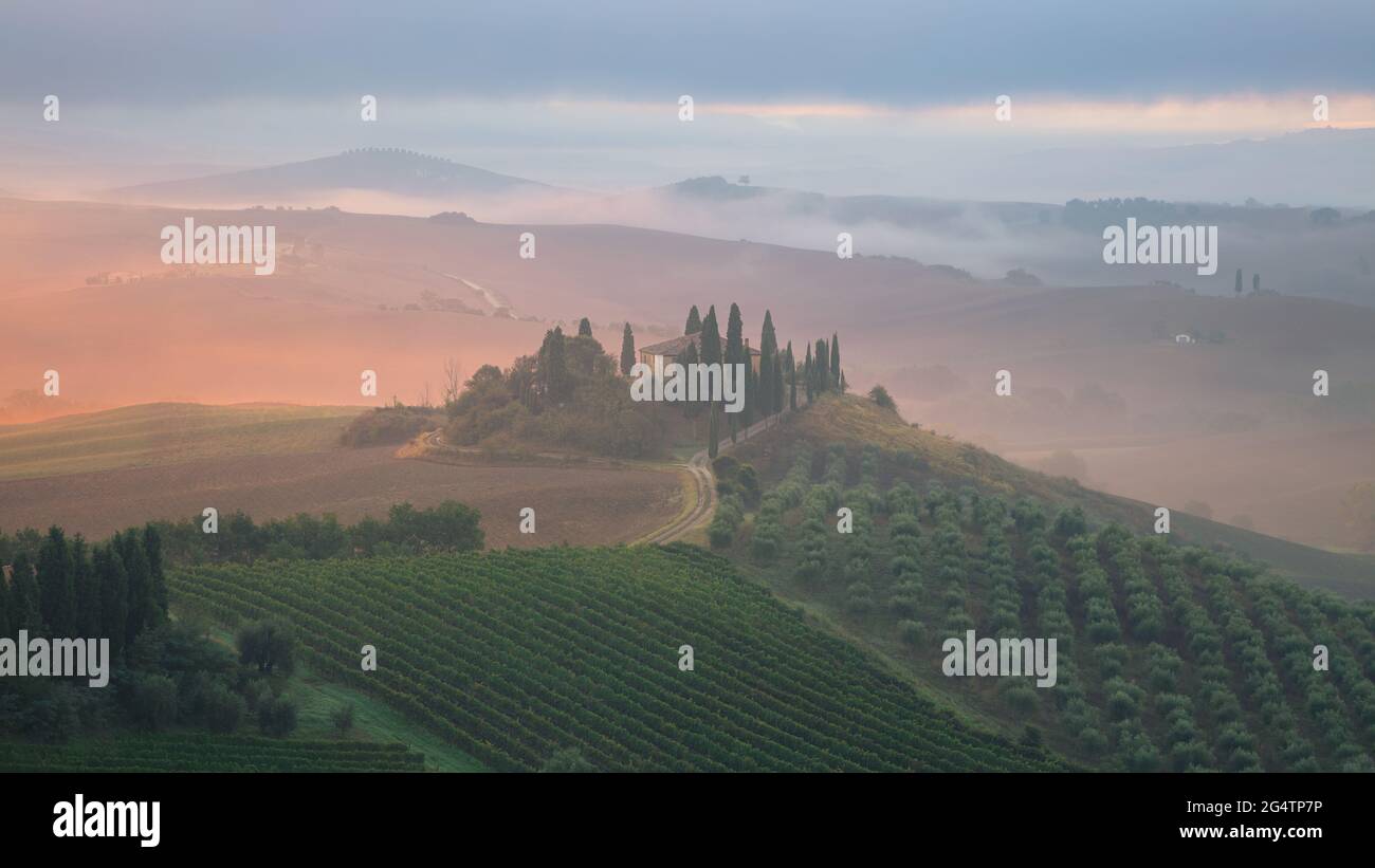 Tuscany Sunrise. Image of iconic Tuscany landscape during foggy autumn sunrise. Stock Photo