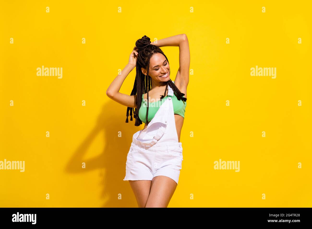 Photo of charming happy dark skin young woman good mood summer season ...