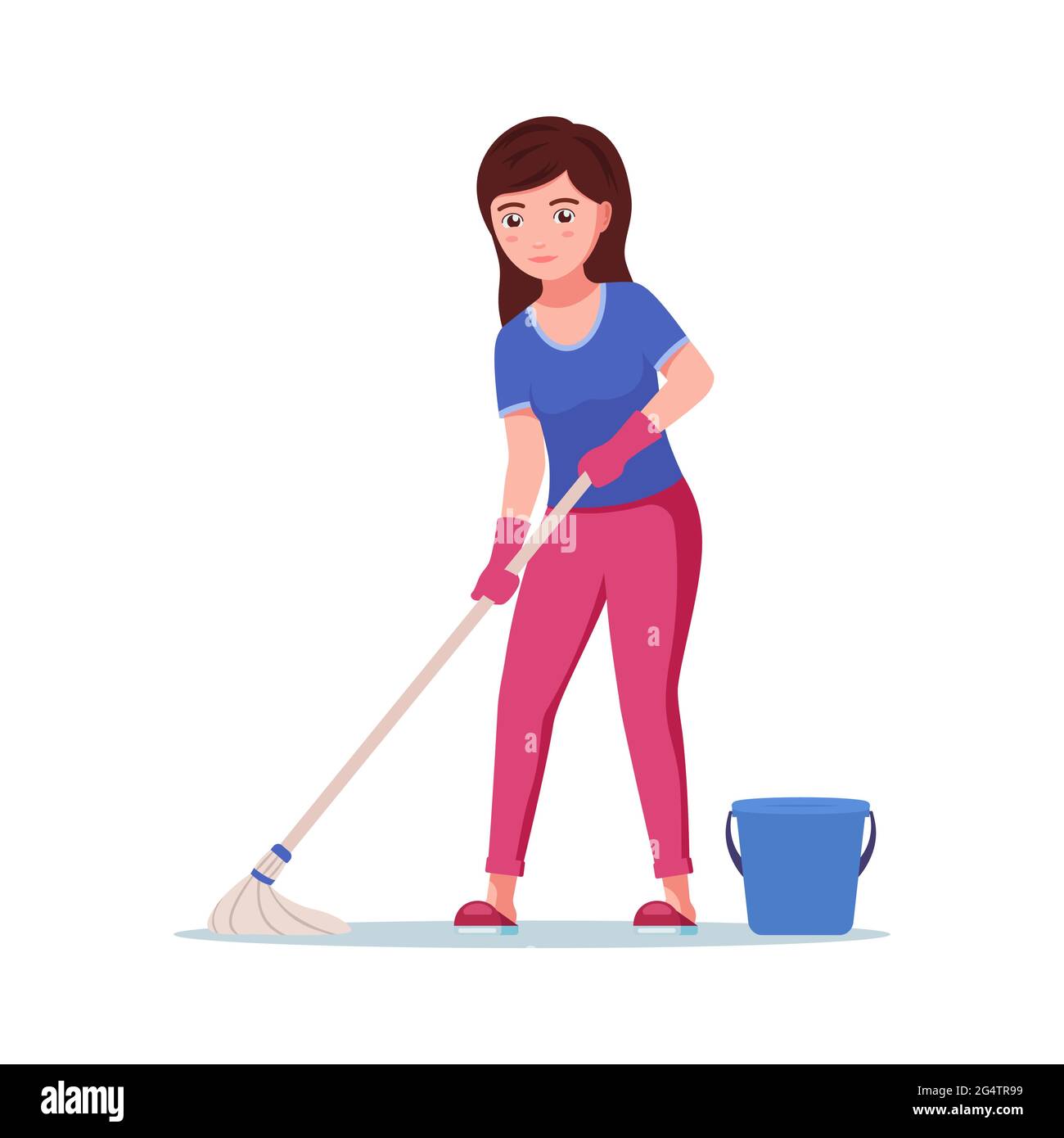 Girl washes the floor. Young beautiful happy woman cleans the floor with a  wet mop. Housekeeper does the cleaning. Vector illustration isolated on whi  Stock Vector Image & Art - Alamy
