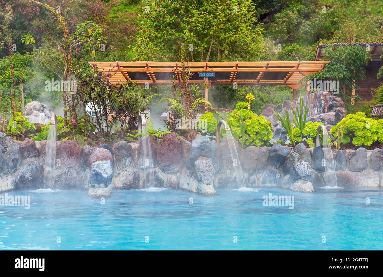 Hot springs of Papallacta with spa pools, hydro neck and spine massage near Quito, Ecuador. Stock Photo